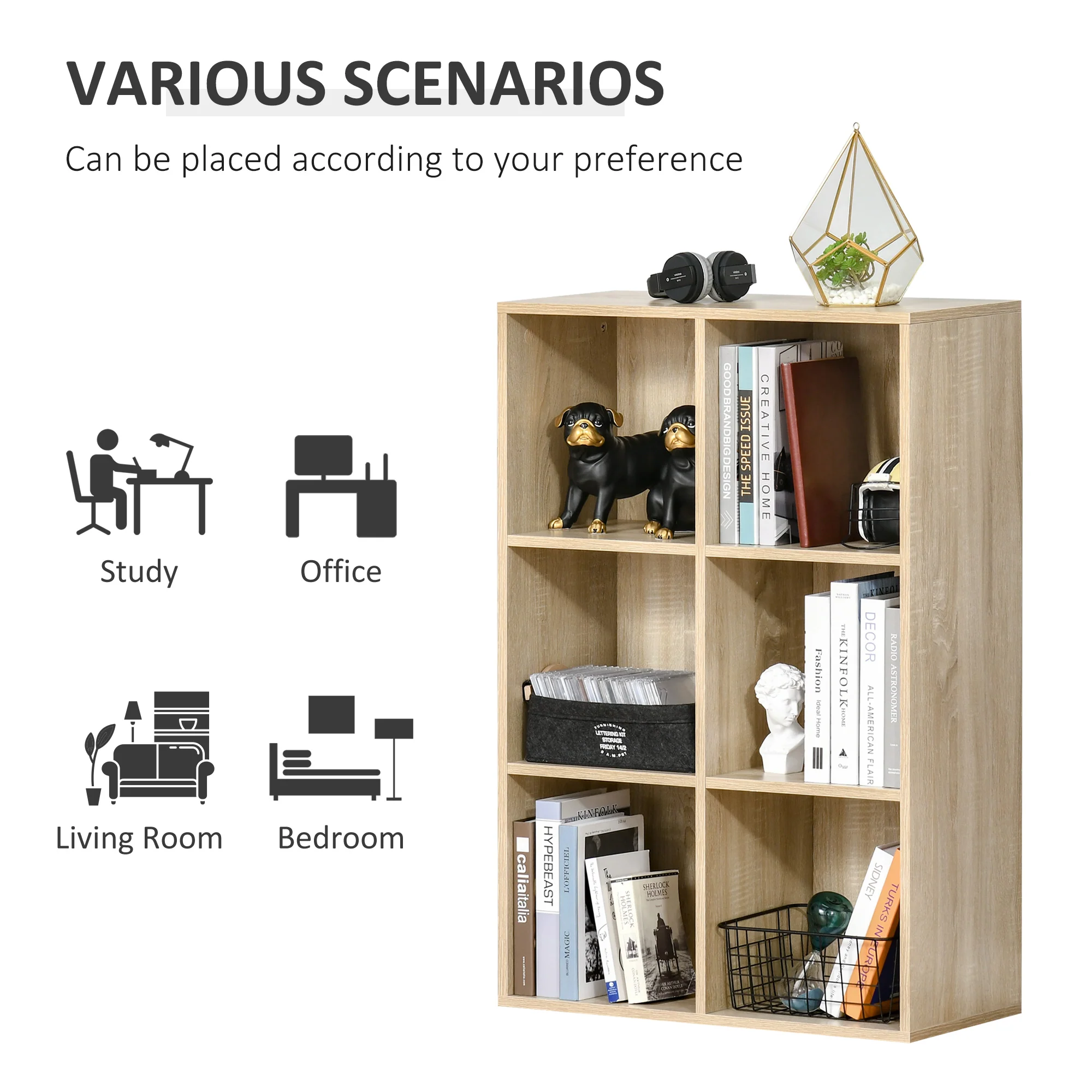 HOMCOM Cubic Cabinet Bookcase Storage Shelves For Home Office, Oak - Image 3