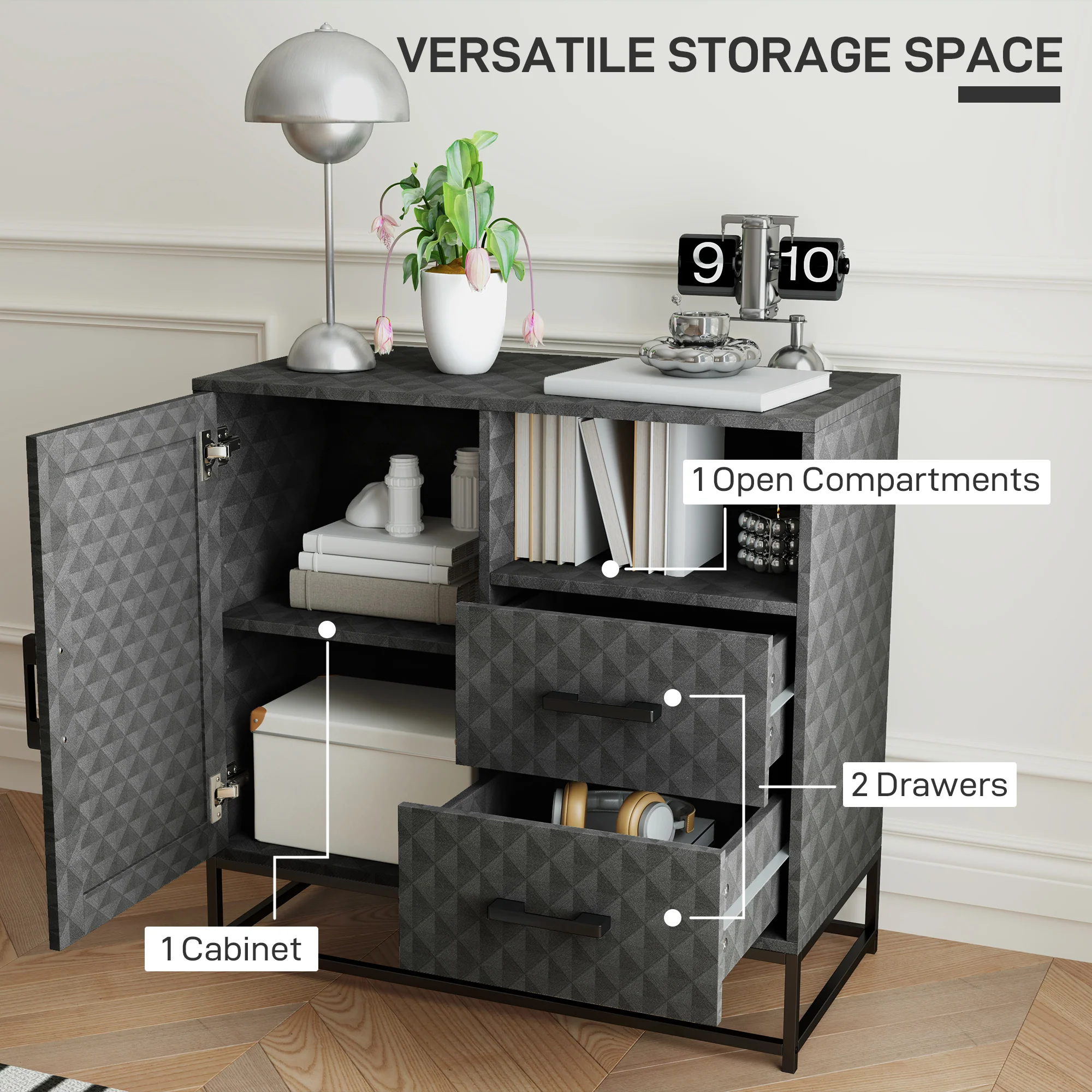 HOMCOM Cupboard with Adjustable Shelf, Open Compartment, 2 Drawers - Image 12