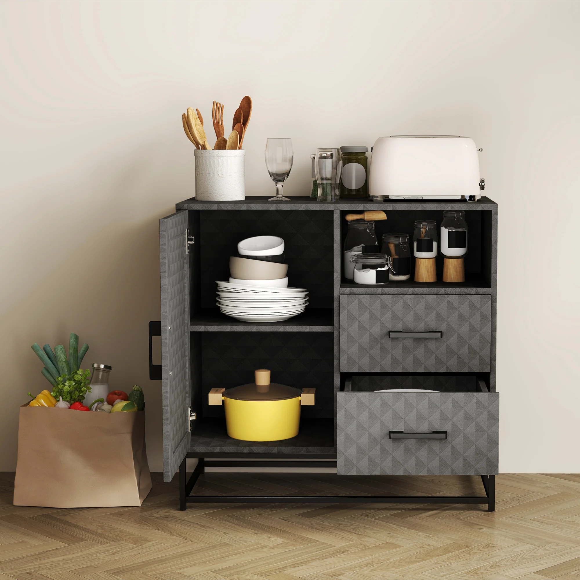 HOMCOM Cupboard with Adjustable Shelf, Open Compartment, 2 Drawers - Image 18