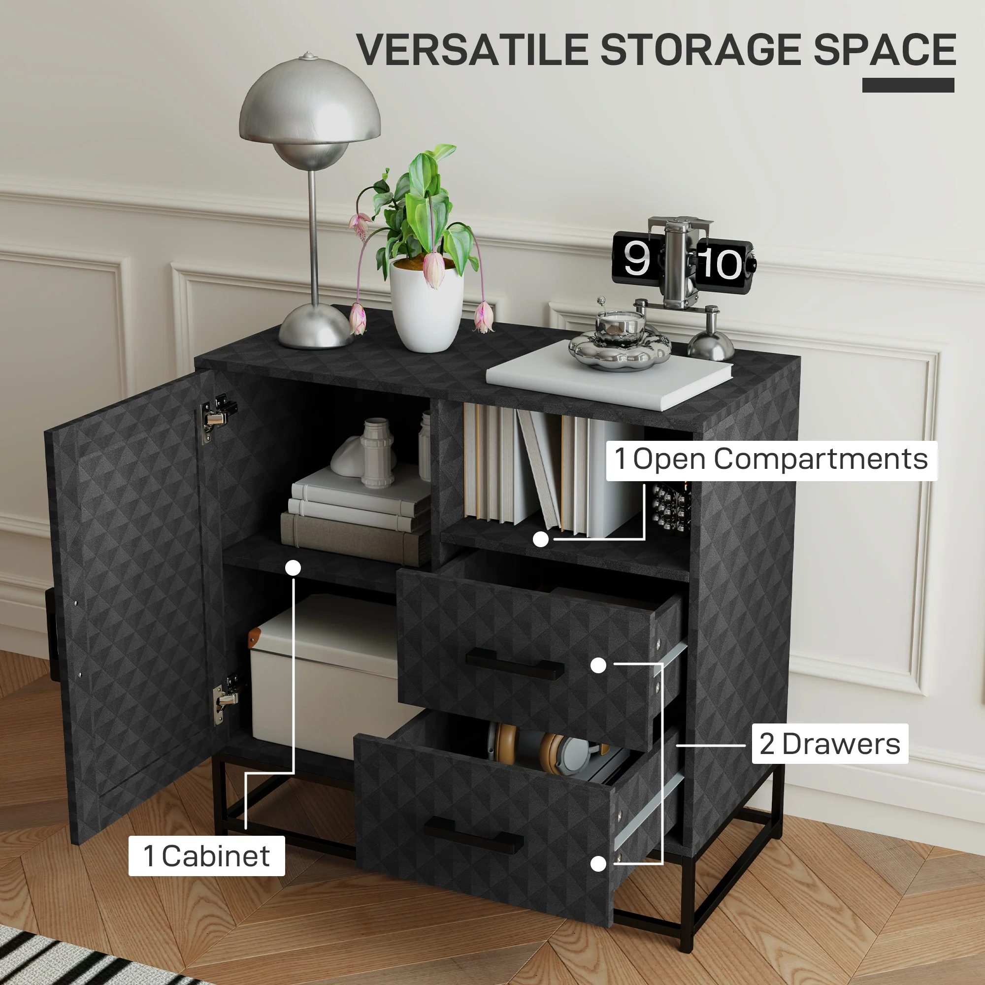 HOMCOM Cupboard with Adjustable Shelf, Open Compartment, 2 Drawers - Image 3