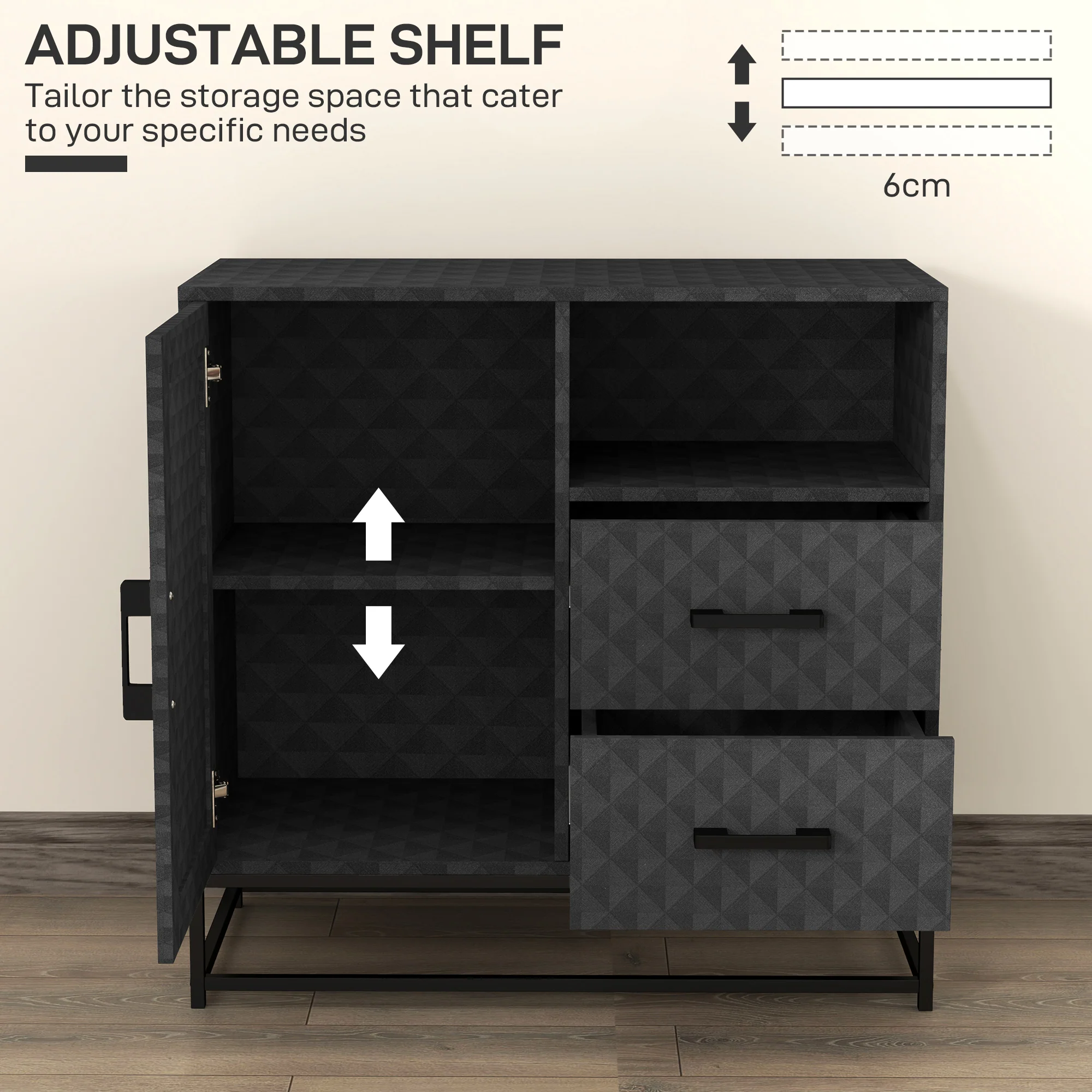HOMCOM Cupboard with Adjustable Shelf, Open Compartment, 2 Drawers - Image 4