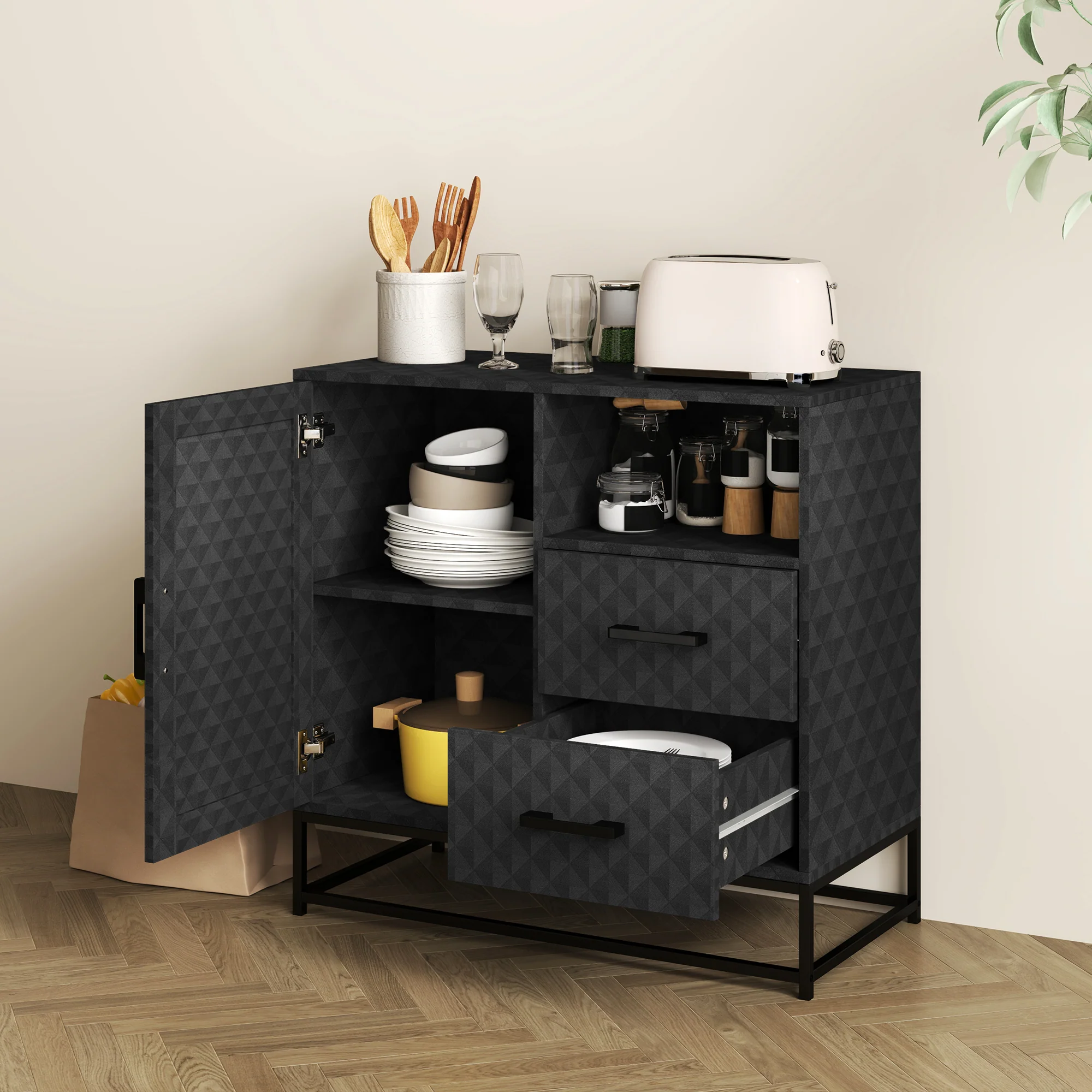 HOMCOM Cupboard with Adjustable Shelf, Open Compartment, 2 Drawers - Image 9