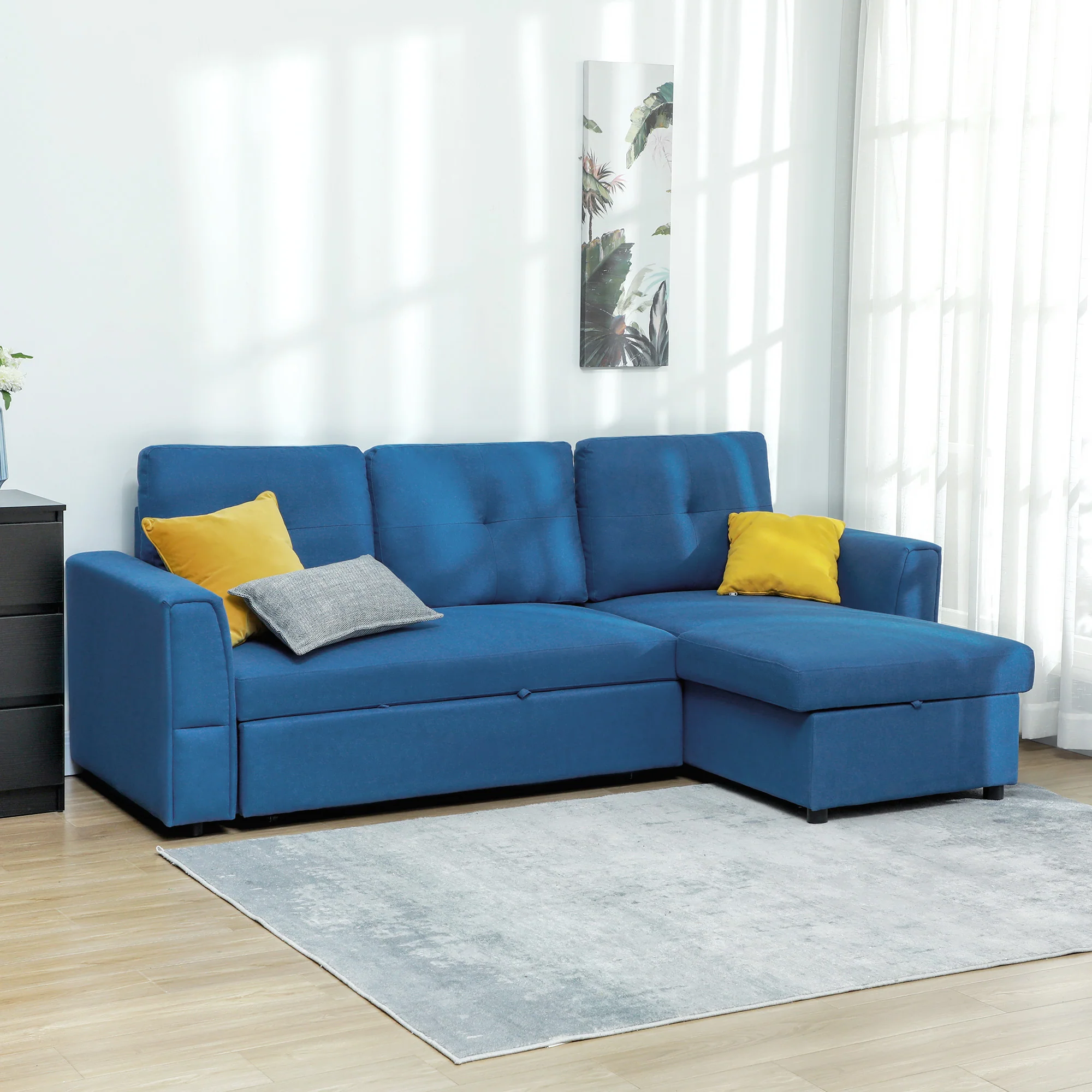 HOMCOM Dark Blue 3 Seater Sofa Bed, Convertible Pull Out Sofa With Storage - Image 2