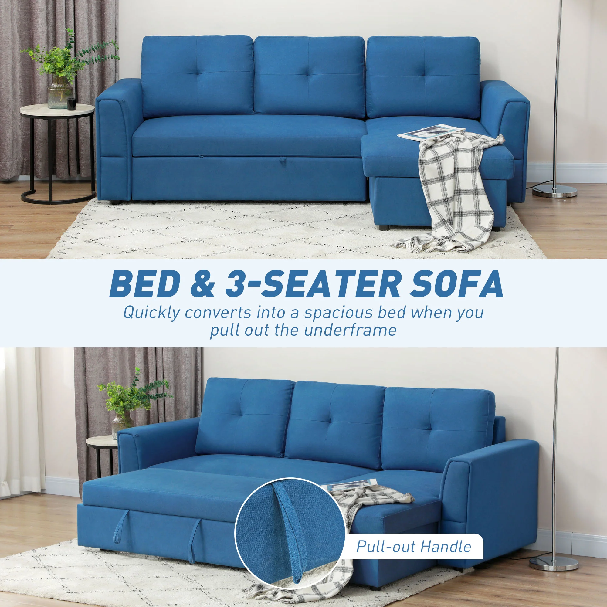 HOMCOM Dark Blue 3 Seater Sofa Bed, Convertible Pull Out Sofa With Storage - Image 3