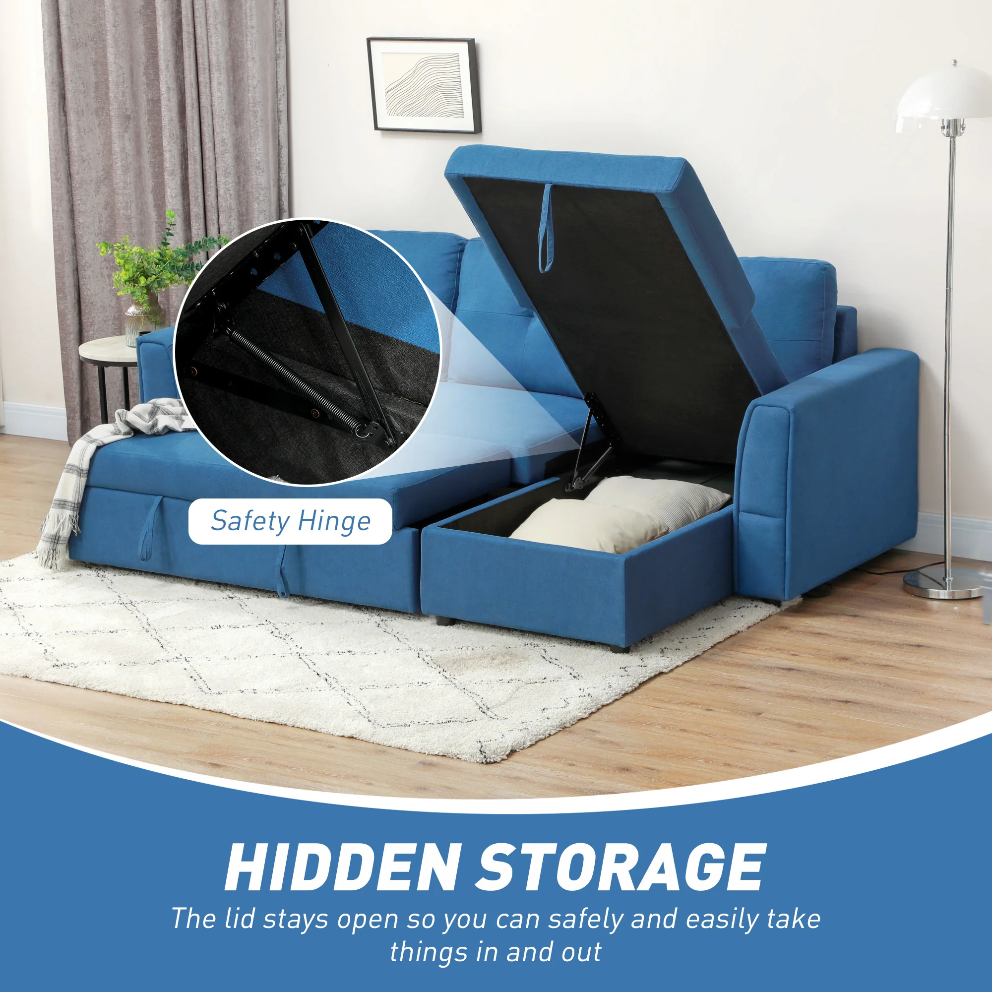 HOMCOM Dark Blue 3 Seater Sofa Bed, Convertible Pull Out Sofa With Storage - Image 4