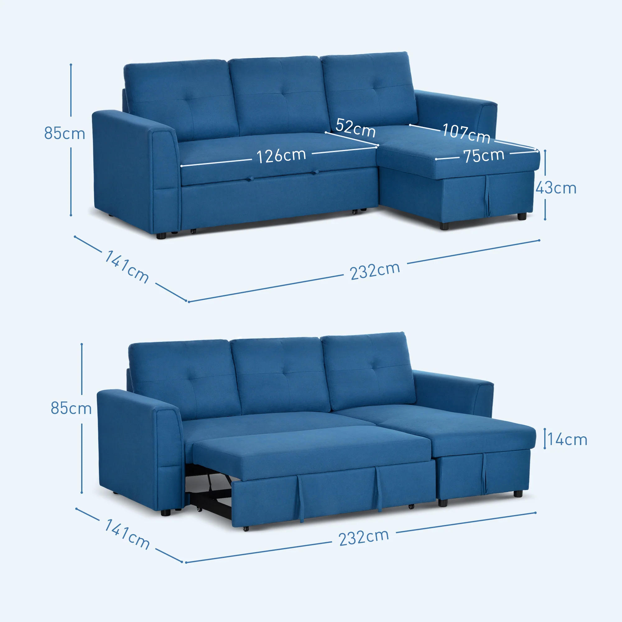 HOMCOM Dark Blue 3 Seater Sofa Bed, Convertible Pull Out Sofa With Storage - Image 5