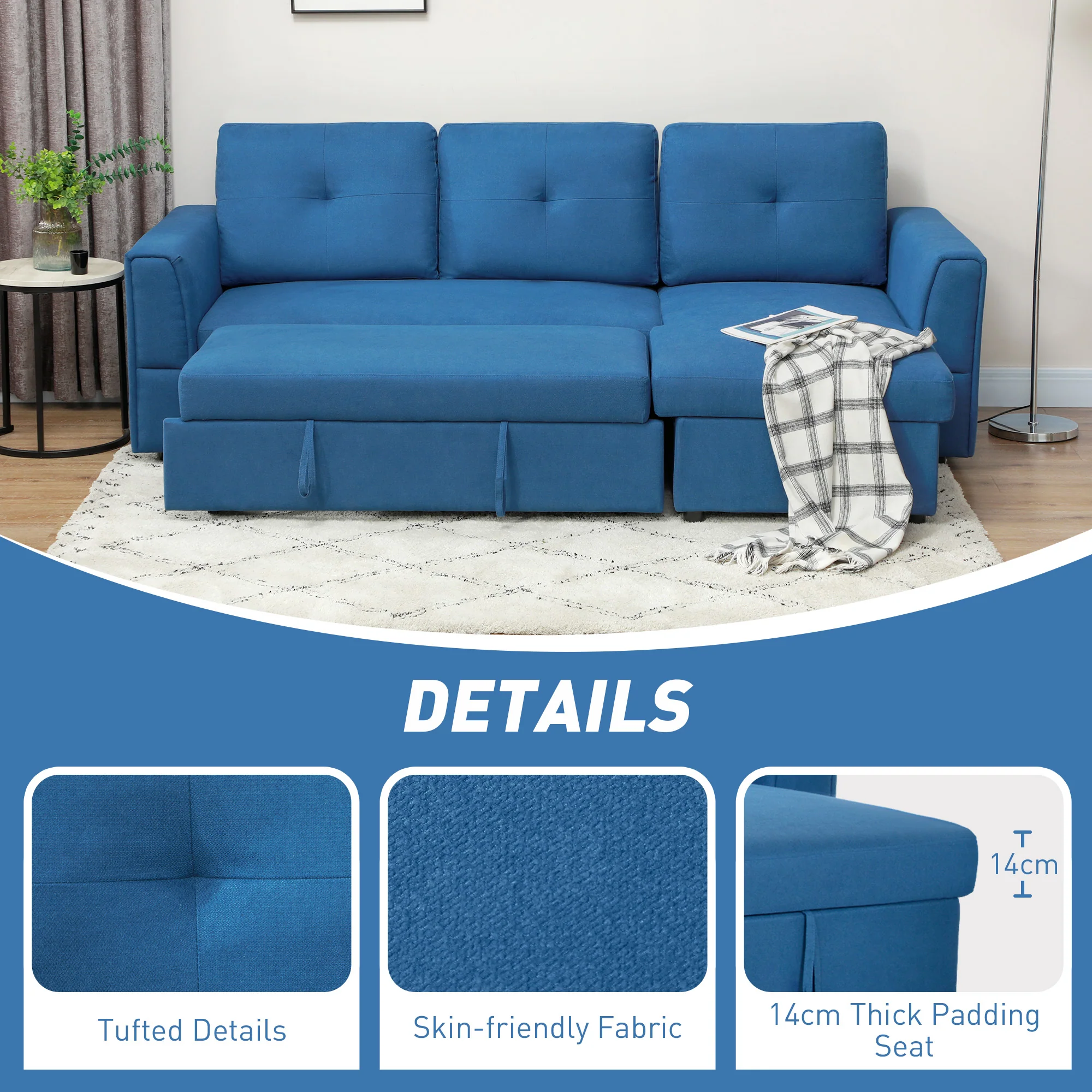 HOMCOM Dark Blue 3 Seater Sofa Bed, Convertible Pull Out Sofa With Storage - Image 6