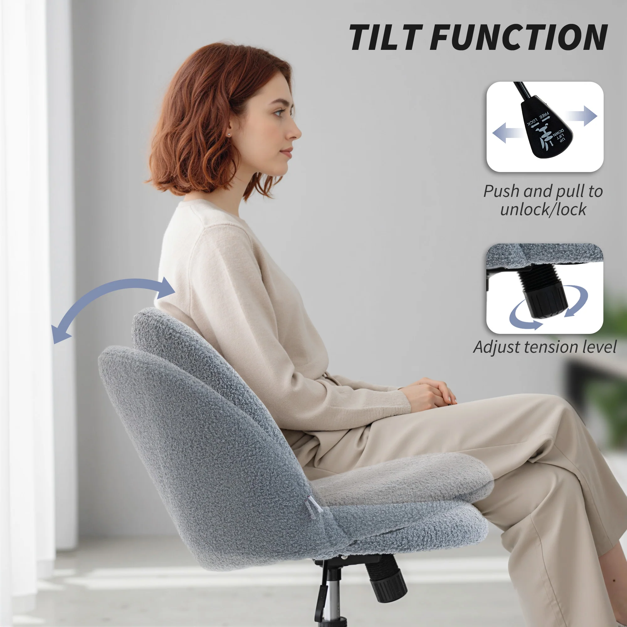 HOMCOM Desk Chair, Fluffy Swivel Office Chair For Makeup Vanity, Grey - Image 4
