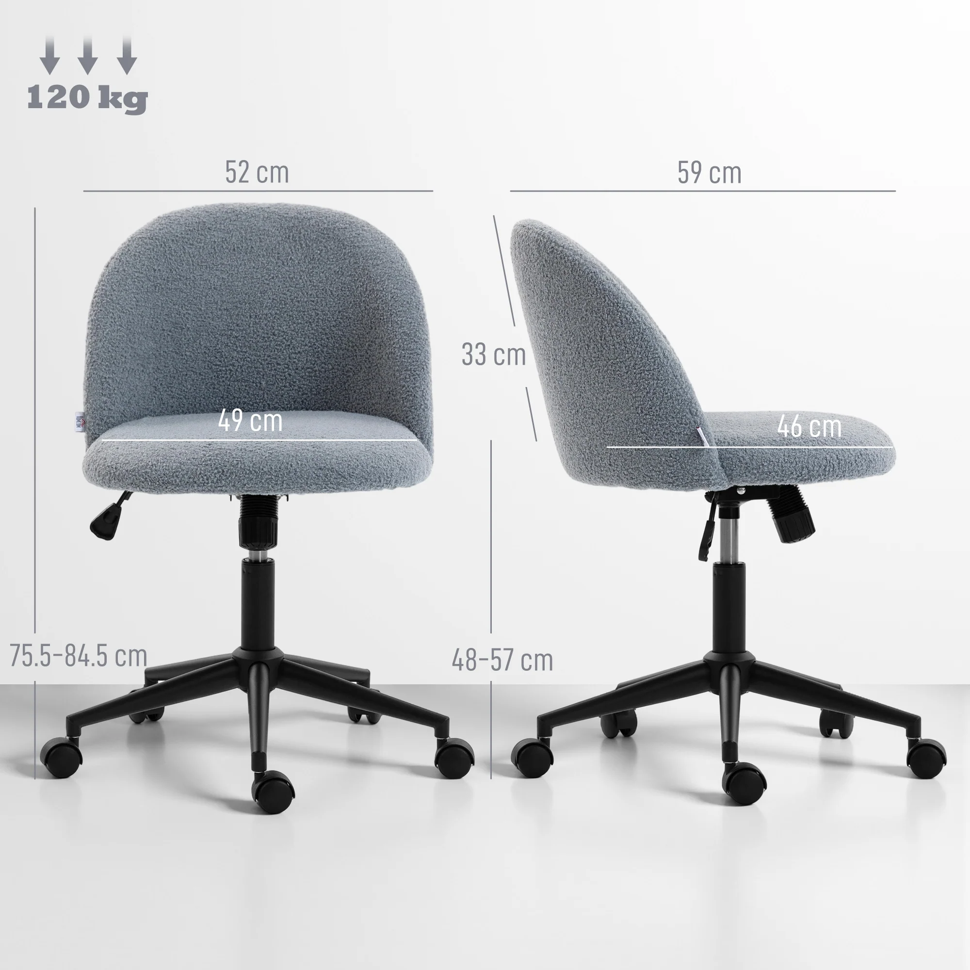 HOMCOM Desk Chair, Fluffy Swivel Office Chair For Makeup Vanity, Grey - Image 5