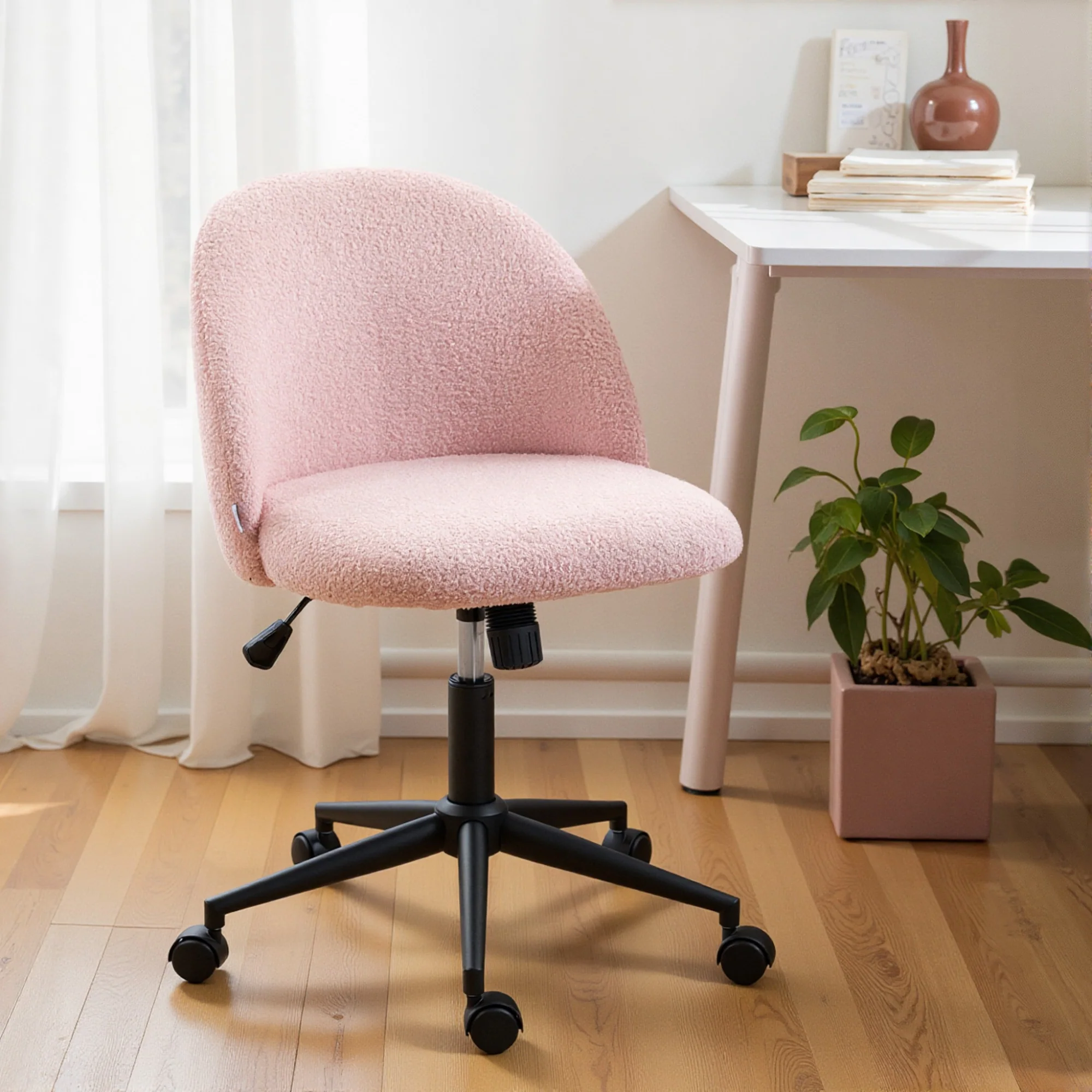 HOMCOM Desk Chair, Fluffy Swivel Office Chair For Makeup Vanity, Light Pink - Image 2