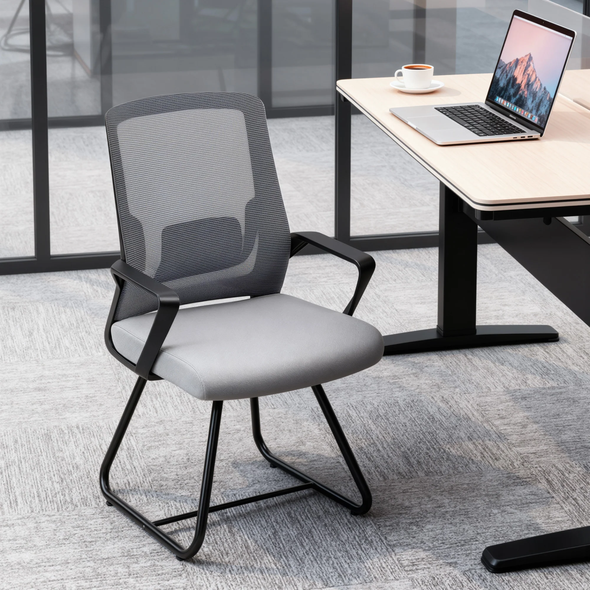 HOMCOM Desk Chair No Wheels, Meeting Chair with Mesh Back for Waiting Room - Image 2