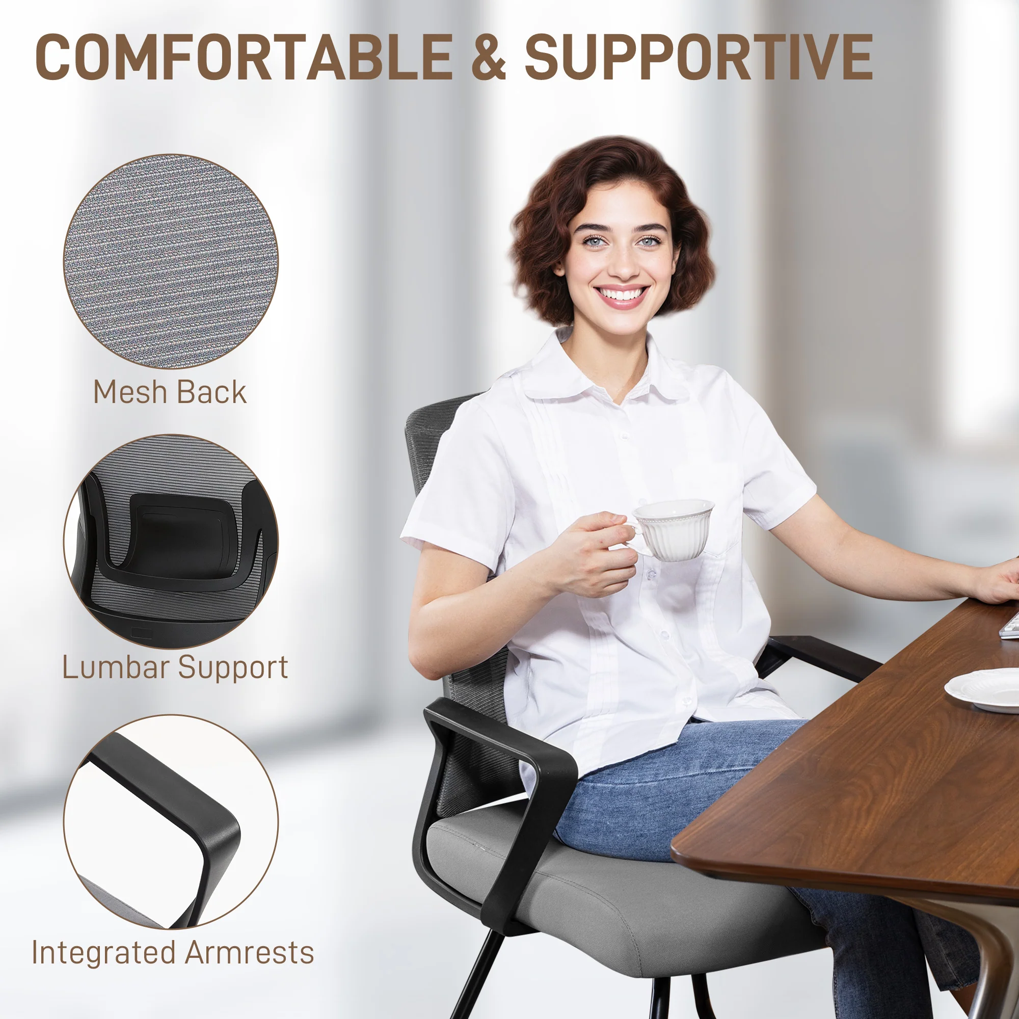 HOMCOM Desk Chair No Wheels, Meeting Chair with Mesh Back for Waiting Room - Image 3
