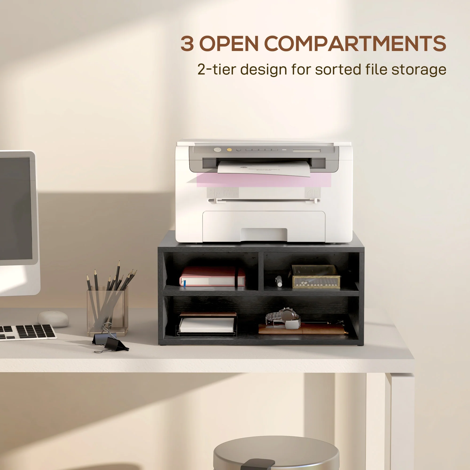 HOMCOM Desktop Printer Stand With 3 Open Compartments, Desk Organiser, Black - Image 3