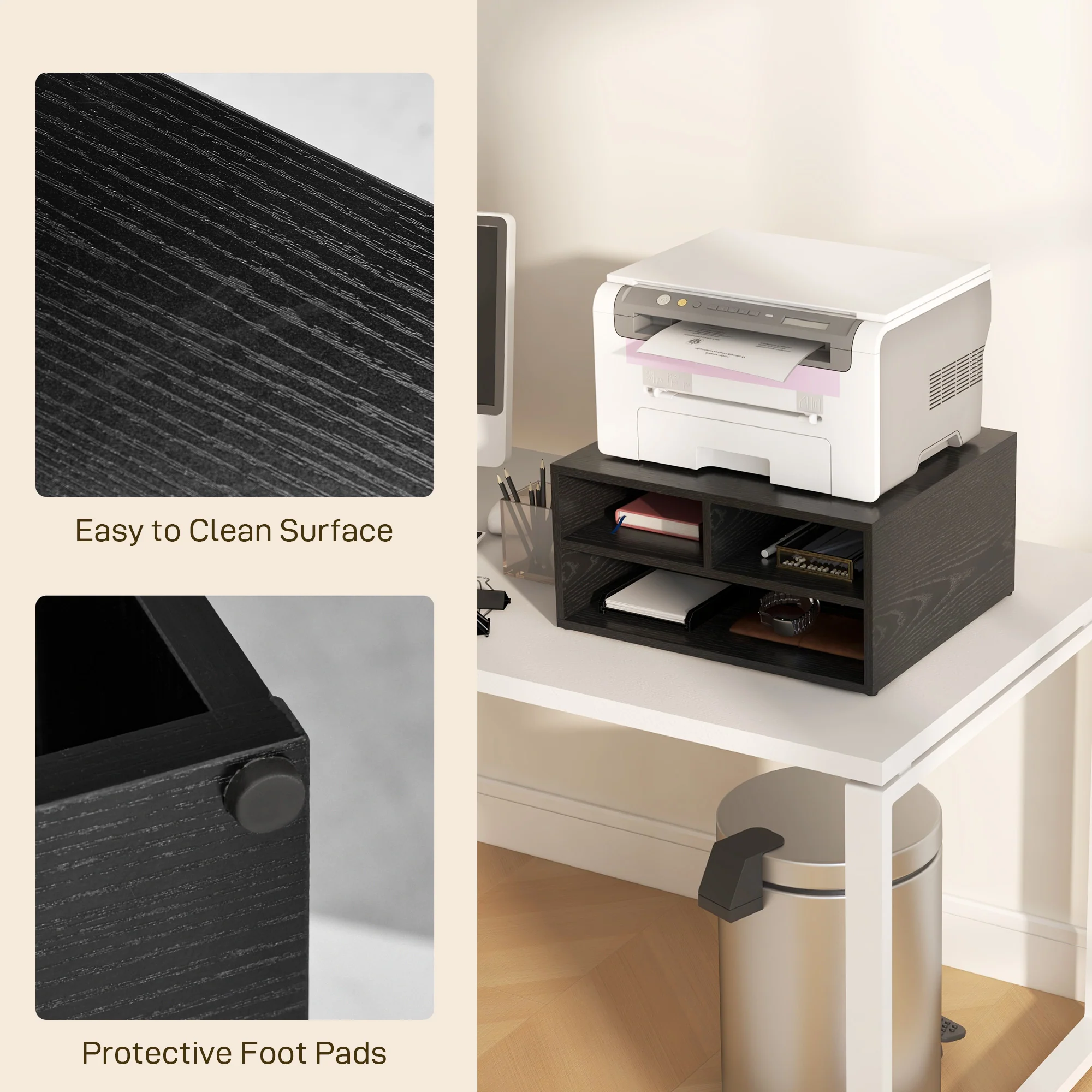 HOMCOM Desktop Printer Stand With 3 Open Compartments, Desk Organiser, Black - Image 4