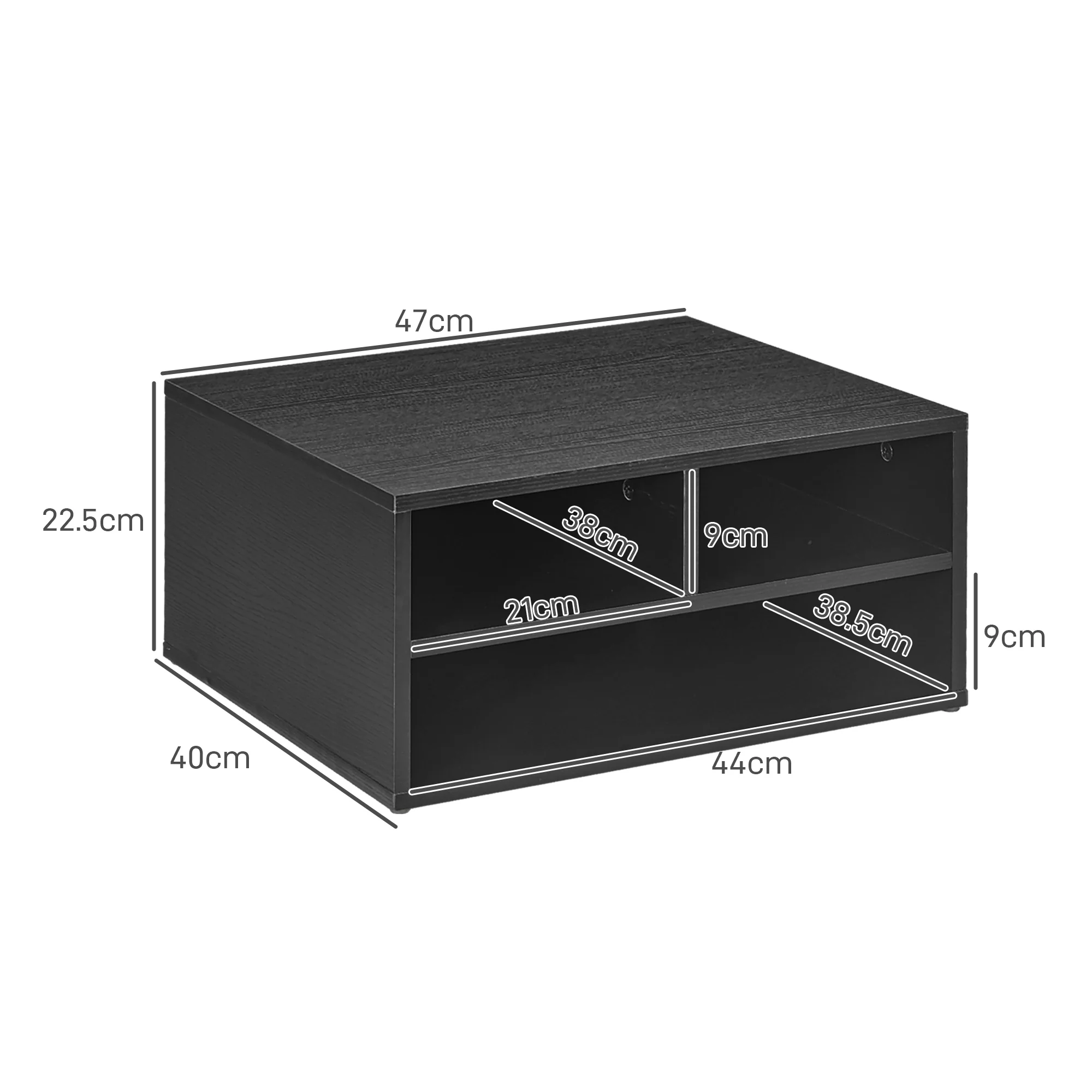 HOMCOM Desktop Printer Stand With 3 Open Compartments, Desk Organiser, Black - Image 5