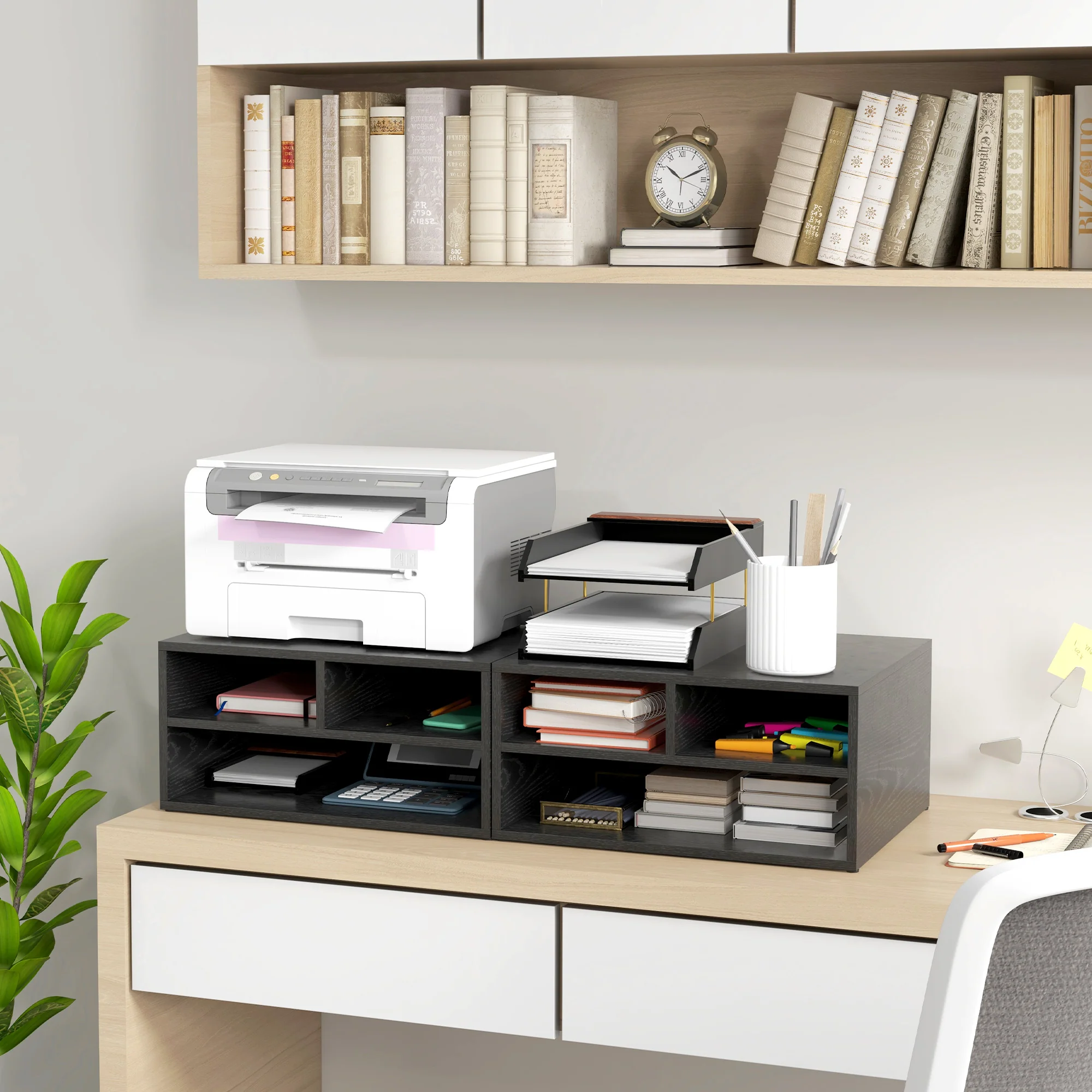 HOMCOM Desktop Printer Stand With 3 Open Compartments, Desk Organiser, Black - Image 8