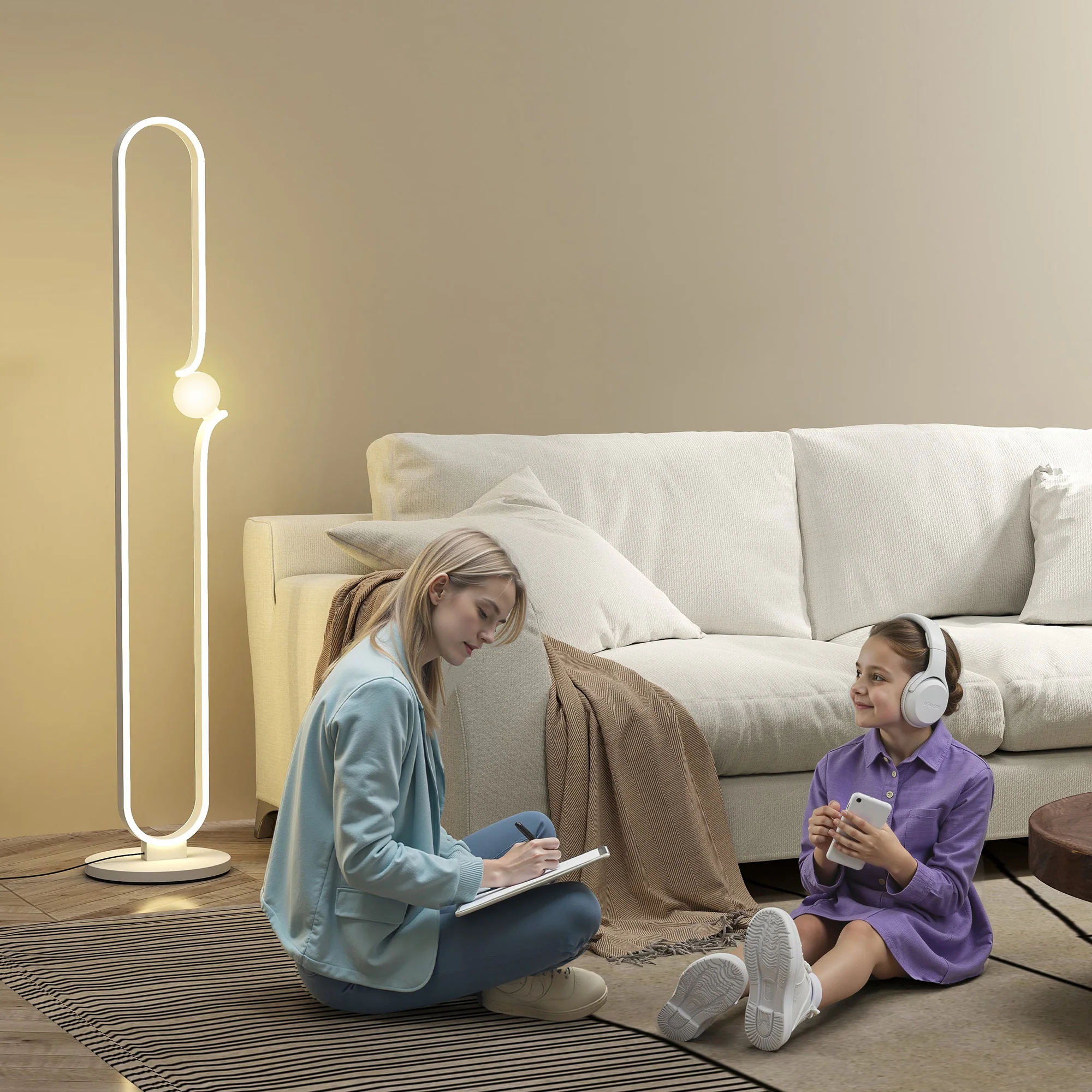 HOMCOM Dimmable LED Floor Lamp With Glass Night Light, Foot Switch, White - Image 2