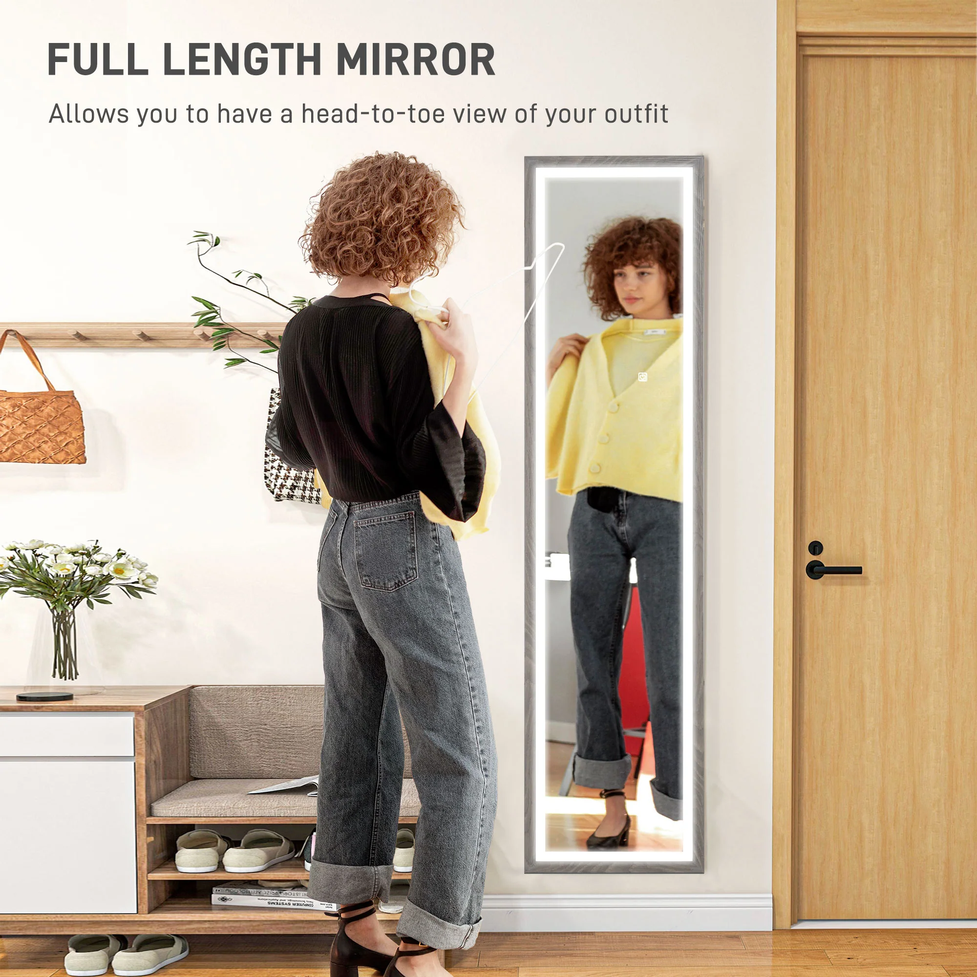 HOMCOM Dimming Full Length Mirror w/ Lights Standing Leaning Wall Mount - Image 12
