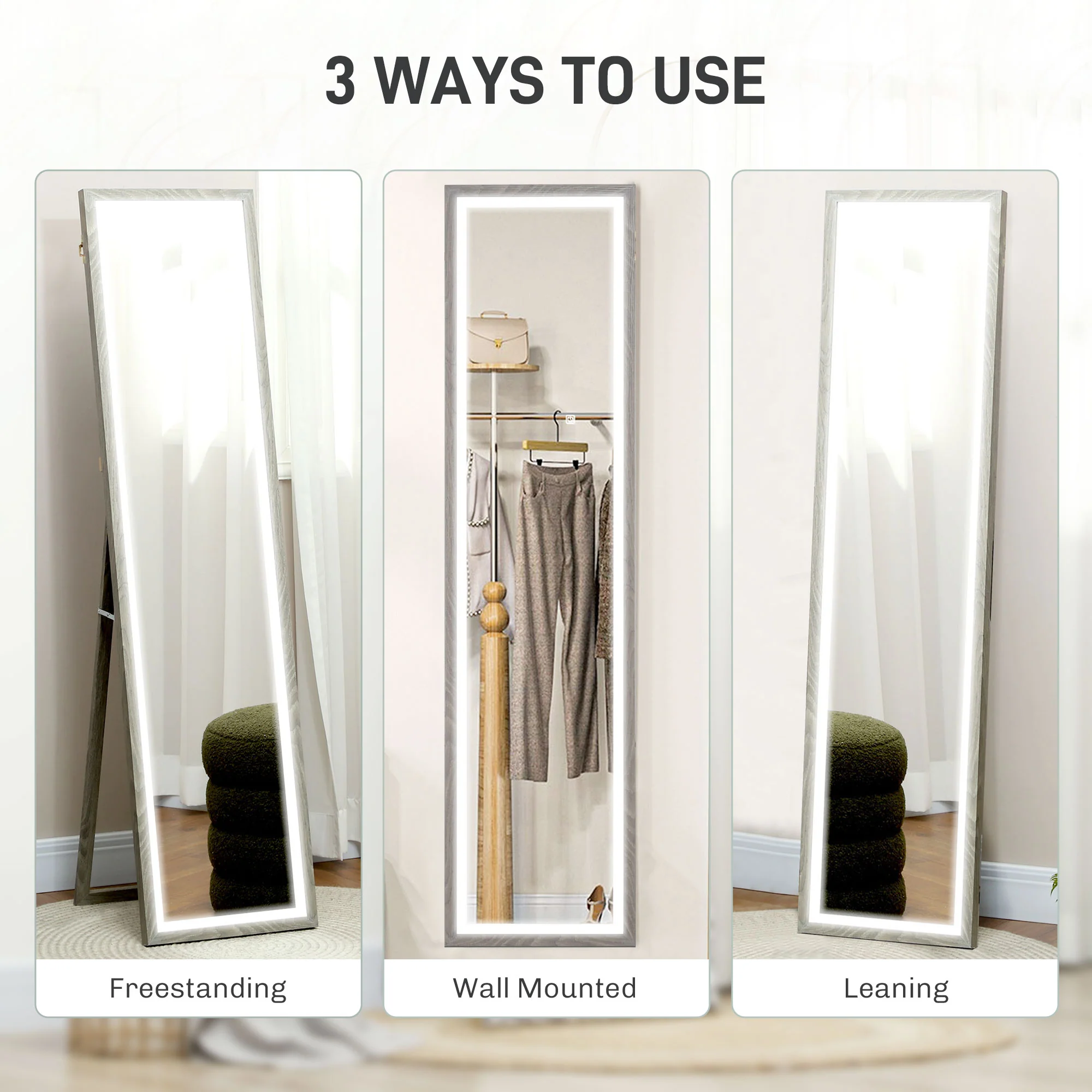 HOMCOM Dimming Full Length Mirror w/ Lights Standing Leaning Wall Mount - Image 16