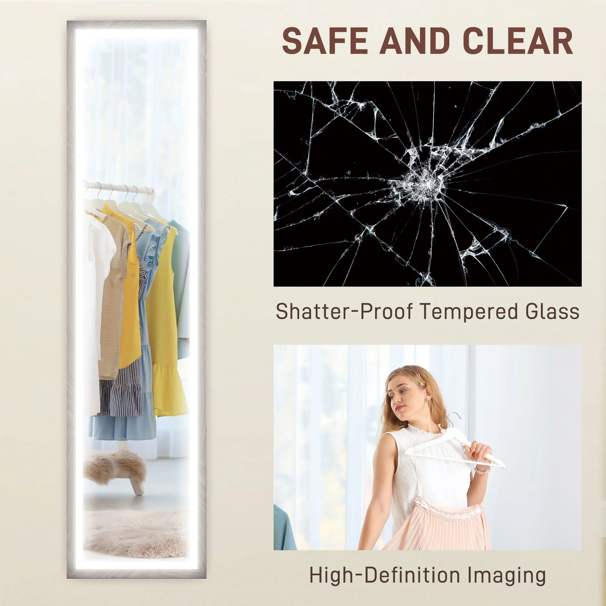 HOMCOM Dimming Full Length Mirror w/ Lights Standing Leaning Wall Mount - Image 17