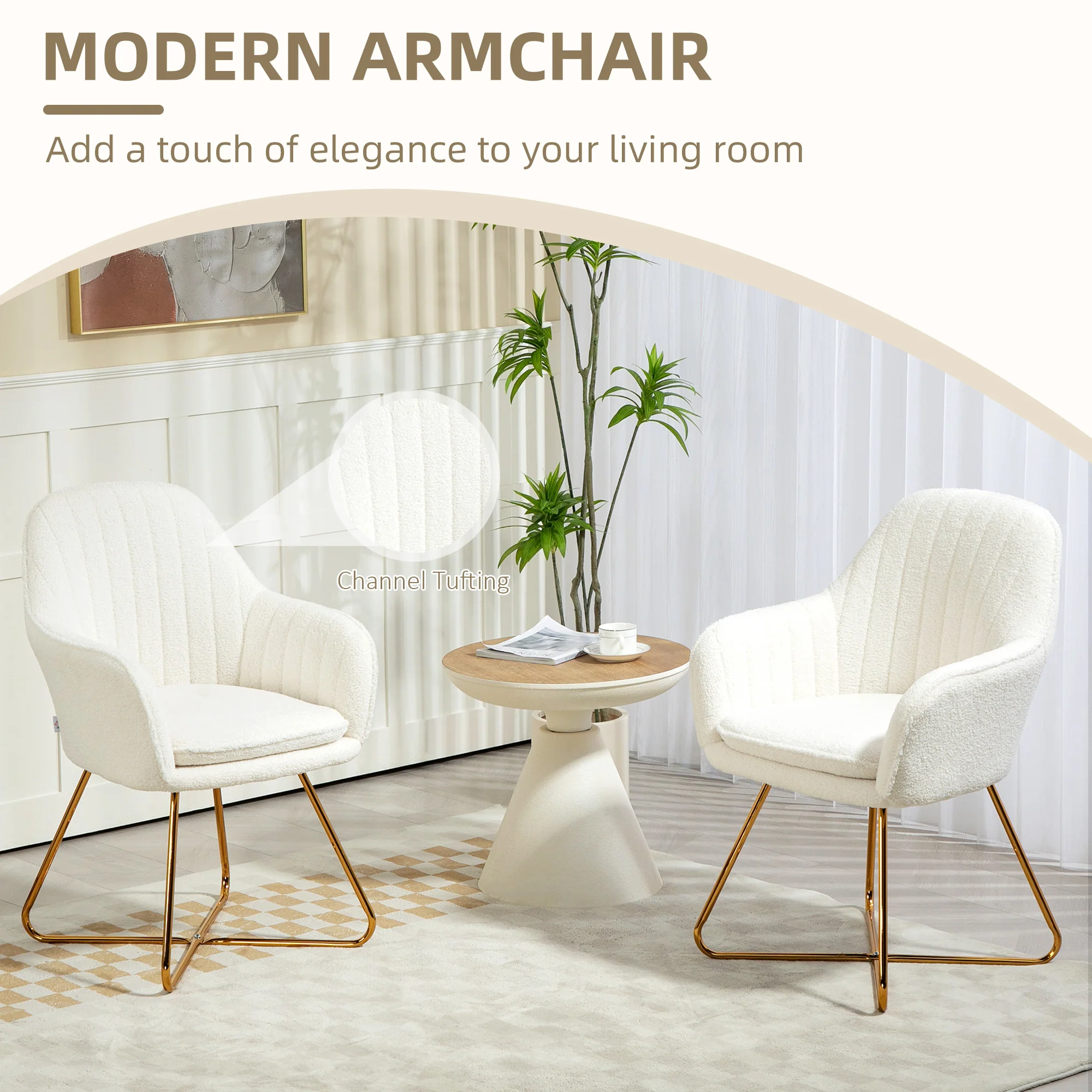 HOMCOM Dining Chair Set of 2, Sherpa Fleece Armchair with Steel Legs, Cream - Image 3