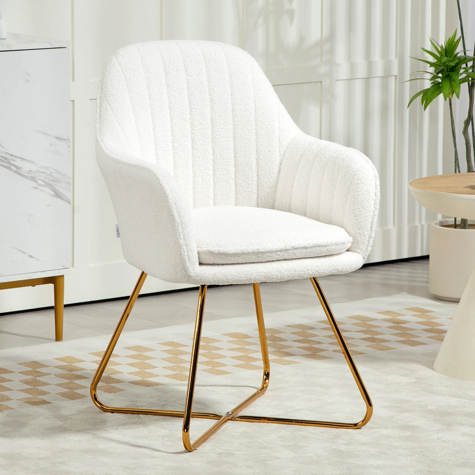 HOMCOM Dining Chair Set of 2, Sherpa Fleece Armchair with Steel Legs, Cream - Image 7