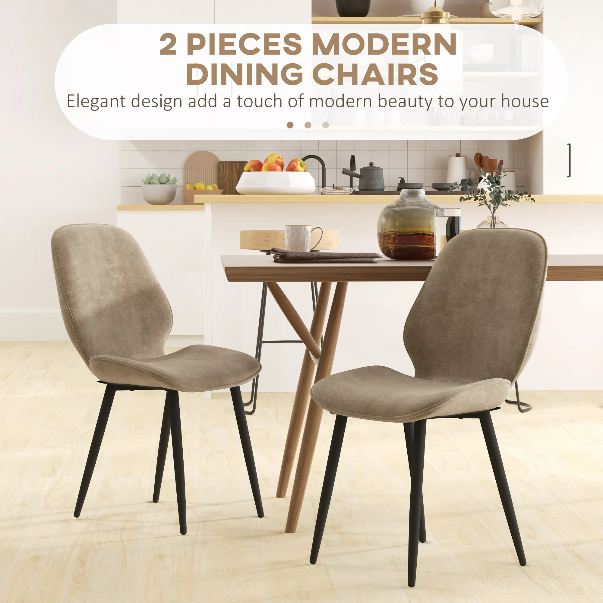 HOMCOM Dining Chairs Set of 2 Upholstered Kitchen Chairs w/ Metal Legs Brown - Image 3