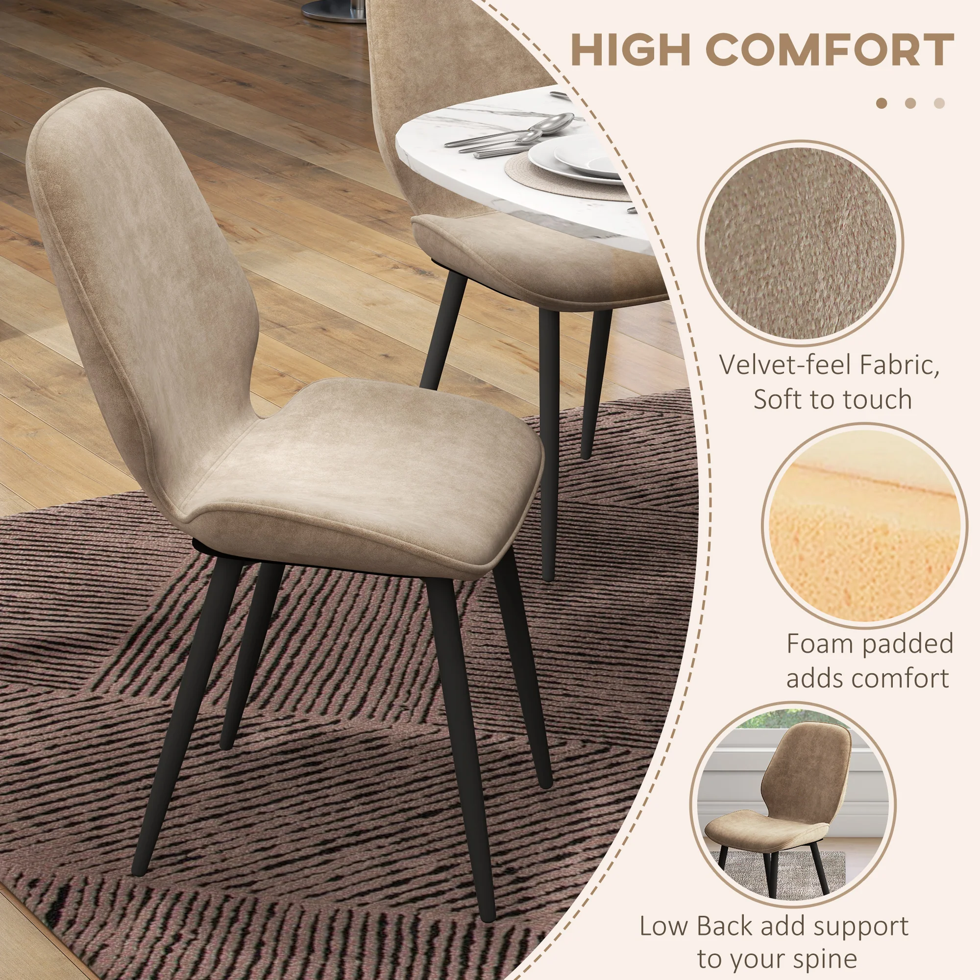 HOMCOM Dining Chairs Set of 2 Upholstered Kitchen Chairs w/ Metal Legs Brown - Image 4
