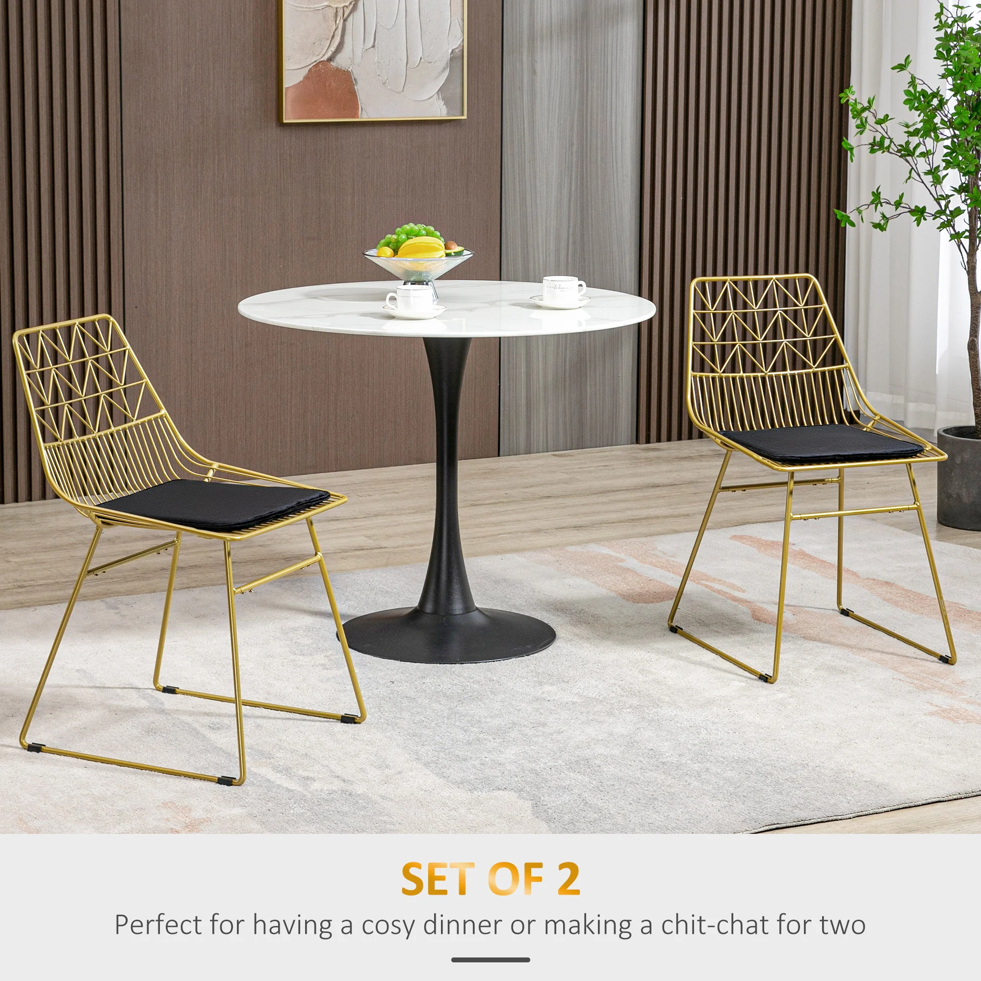 HOMCOM Dining Chairs Set Of 2, Metal Wire Kitchen Chairs With Back, Gold Tone - Image 3