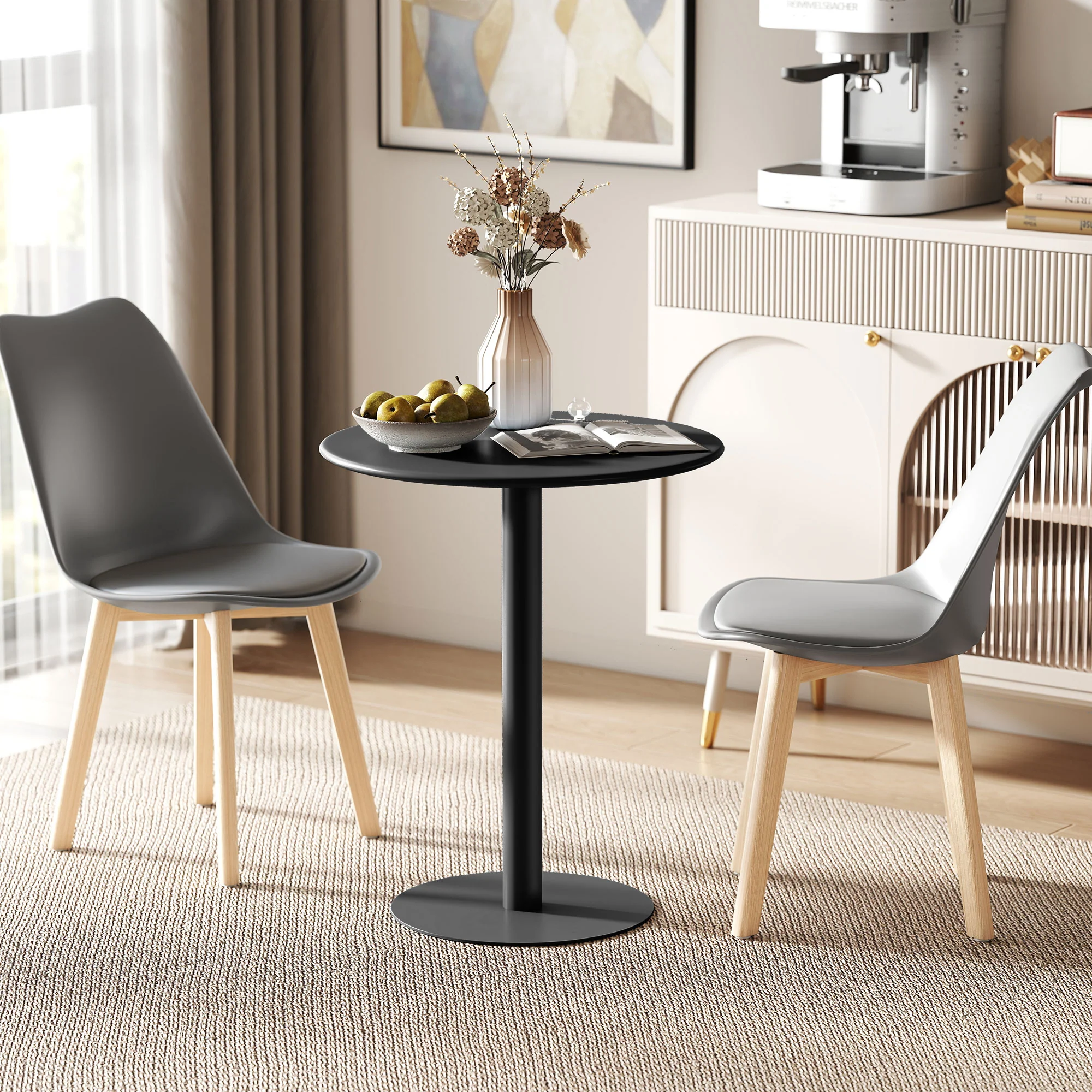 HOMCOM Dining Table, 60 Cm Round Kitchen Table For 2 With Steel Base, Black - Image 2