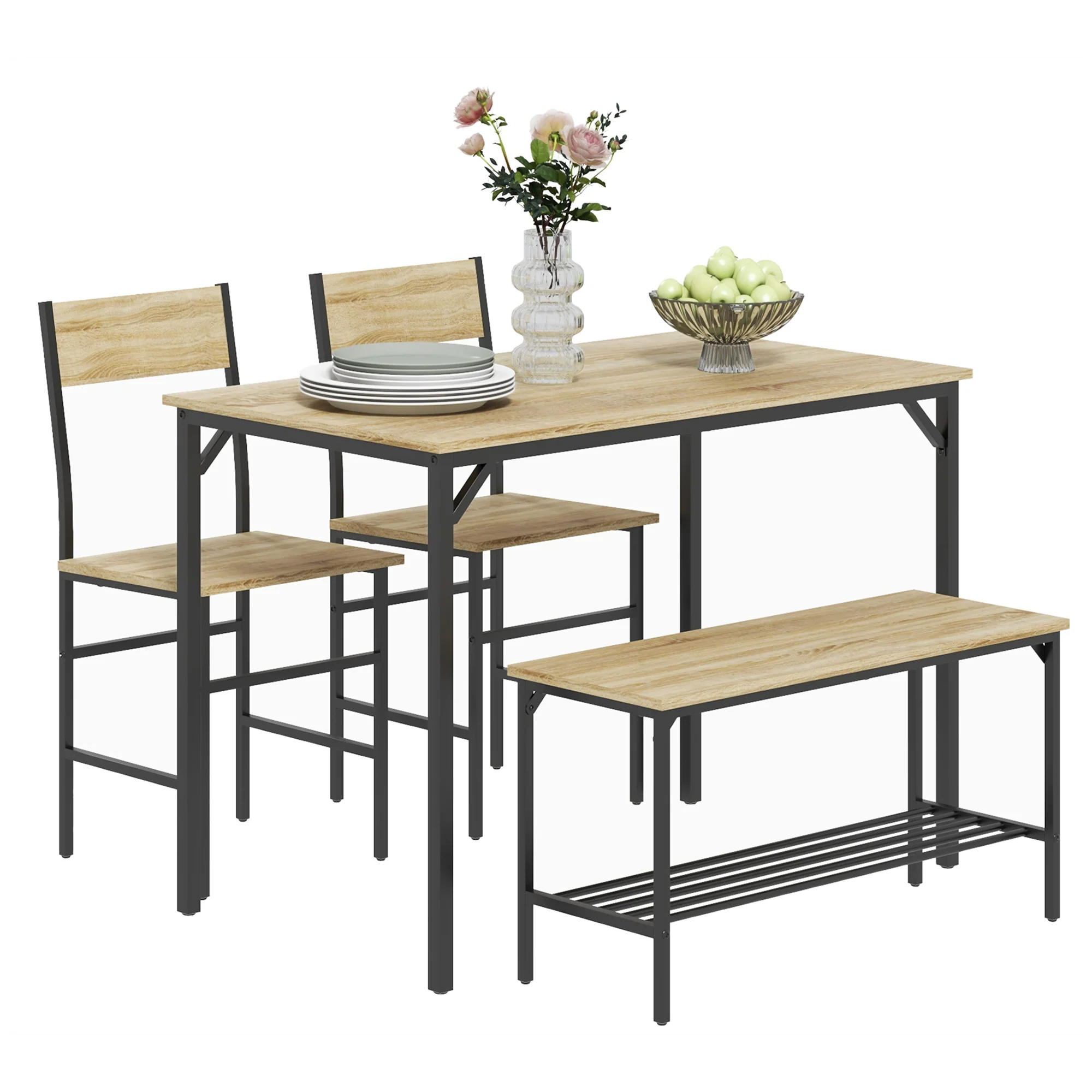 HOMCOM Dining Table And Chairs Set Of 4 With 2 Chairs Bench For Kitchen Grey/Natural Wood Finish - Image 10