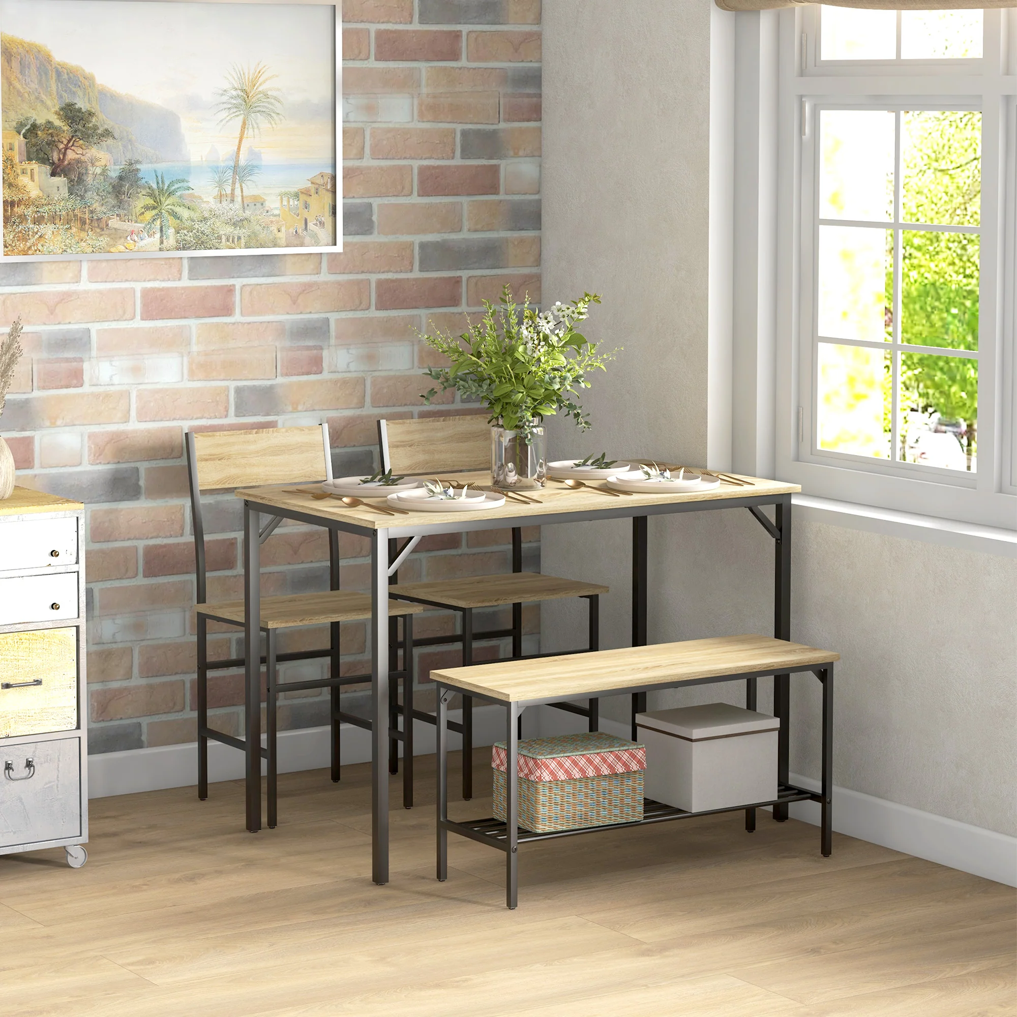 HOMCOM Dining Table And Chairs Set Of 4 With 2 Chairs Bench For Kitchen Grey/Natural Wood Finish - Image 11
