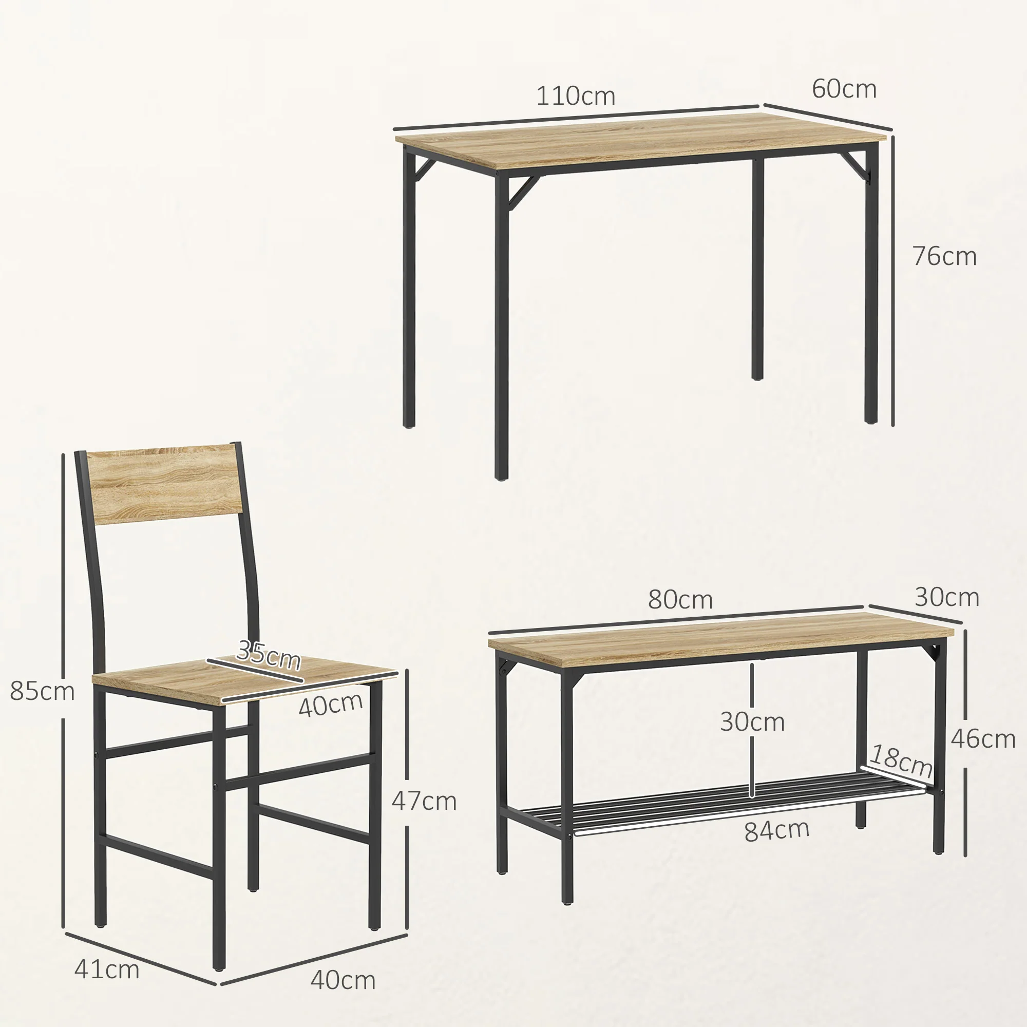HOMCOM Dining Table And Chairs Set Of 4 With 2 Chairs Bench For Kitchen Grey/Natural Wood Finish - Image 15