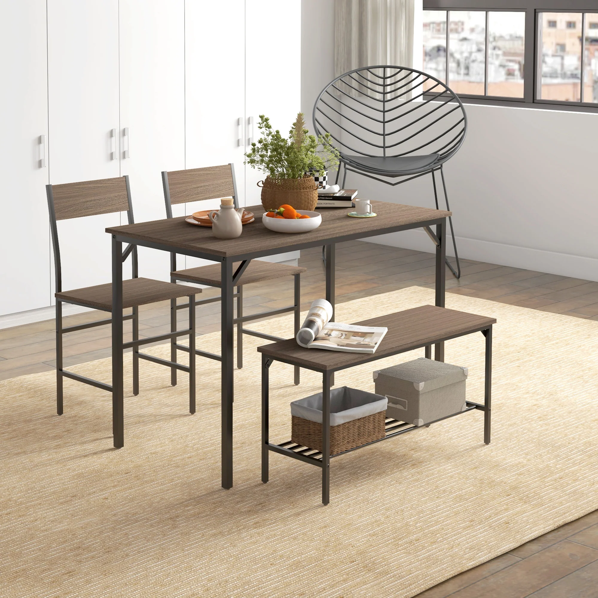 HOMCOM Dining Table And Chairs Set Of 4 With 2 Chairs Bench For Kitchen Grey/Natural Wood Finish - Image 2