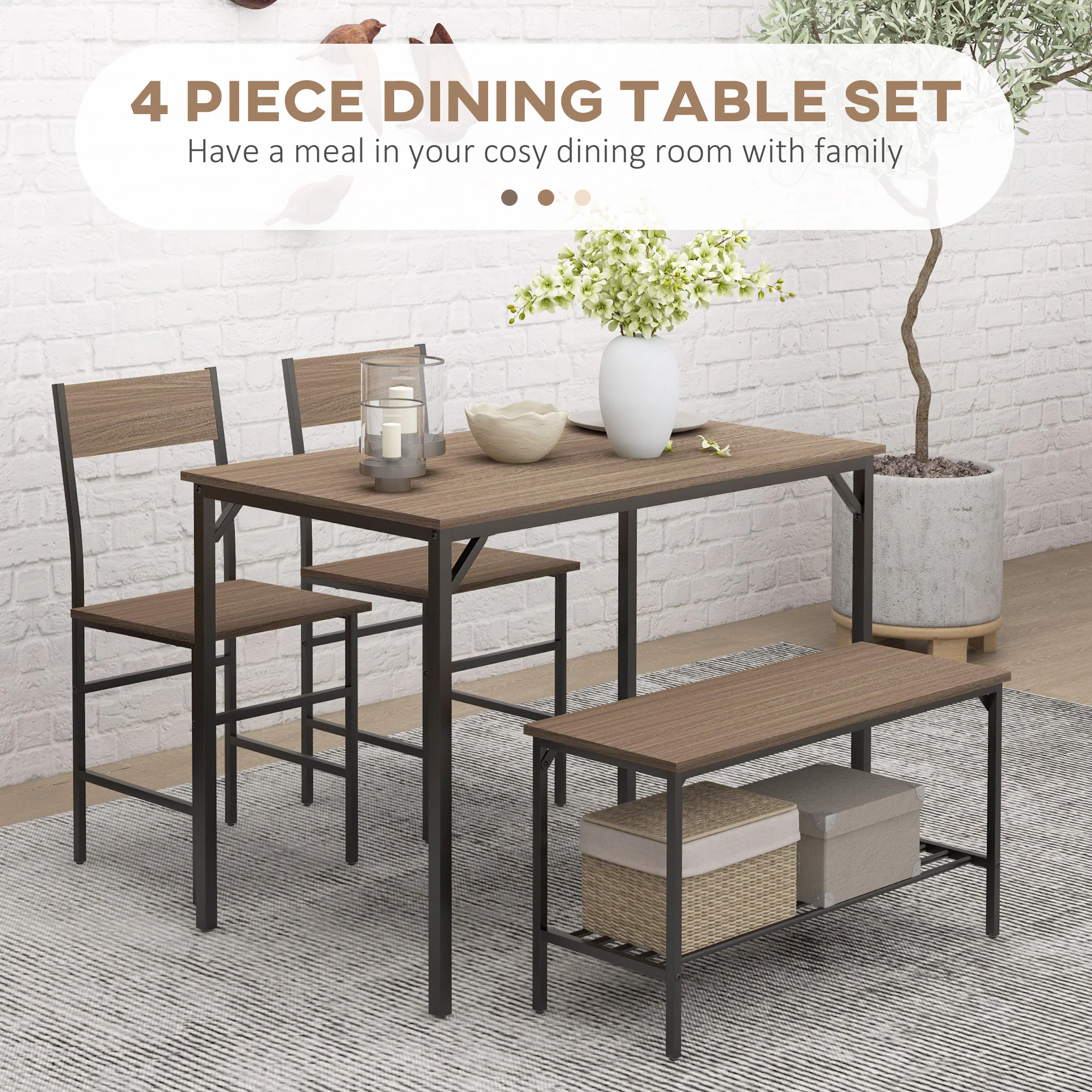 HOMCOM Dining Table And Chairs Set Of 4 With 2 Chairs Bench For Kitchen Grey/Natural Wood Finish - Image 3