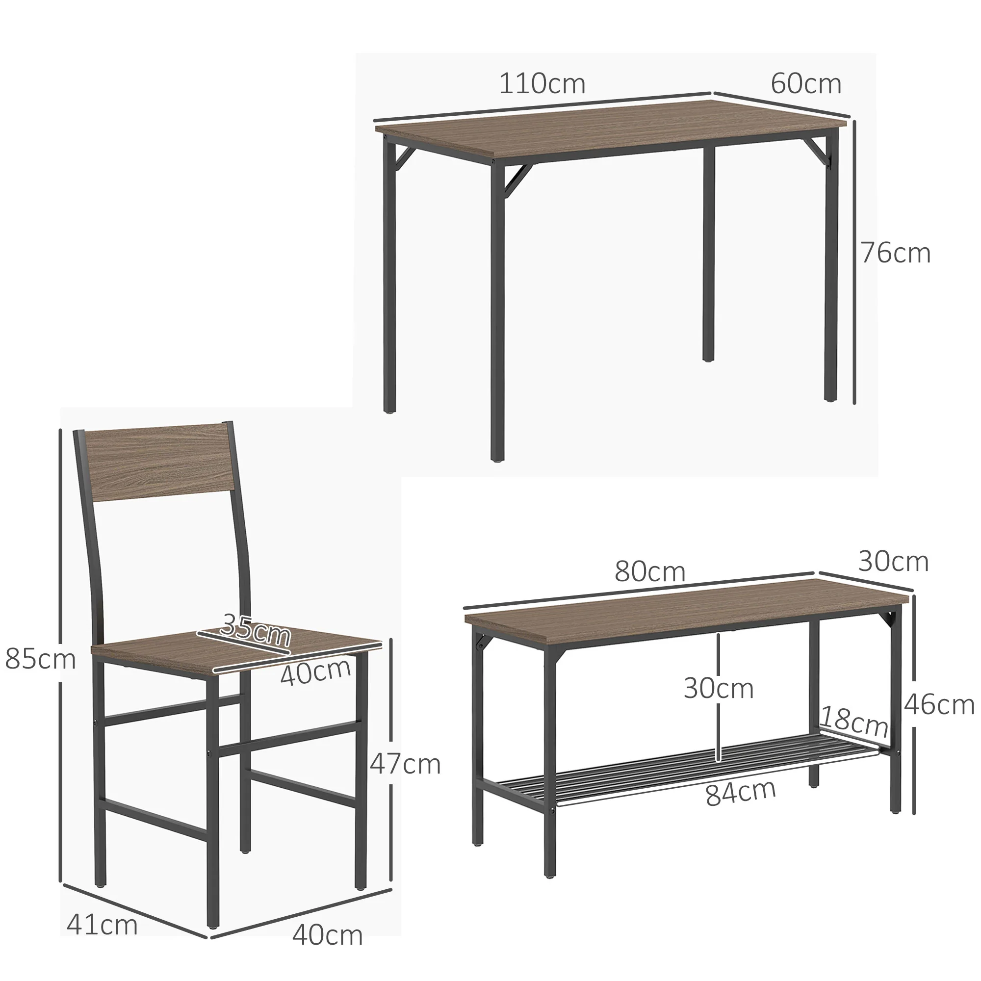 HOMCOM Dining Table And Chairs Set Of 4 With 2 Chairs Bench For Kitchen Grey/Natural Wood Finish - Image 5