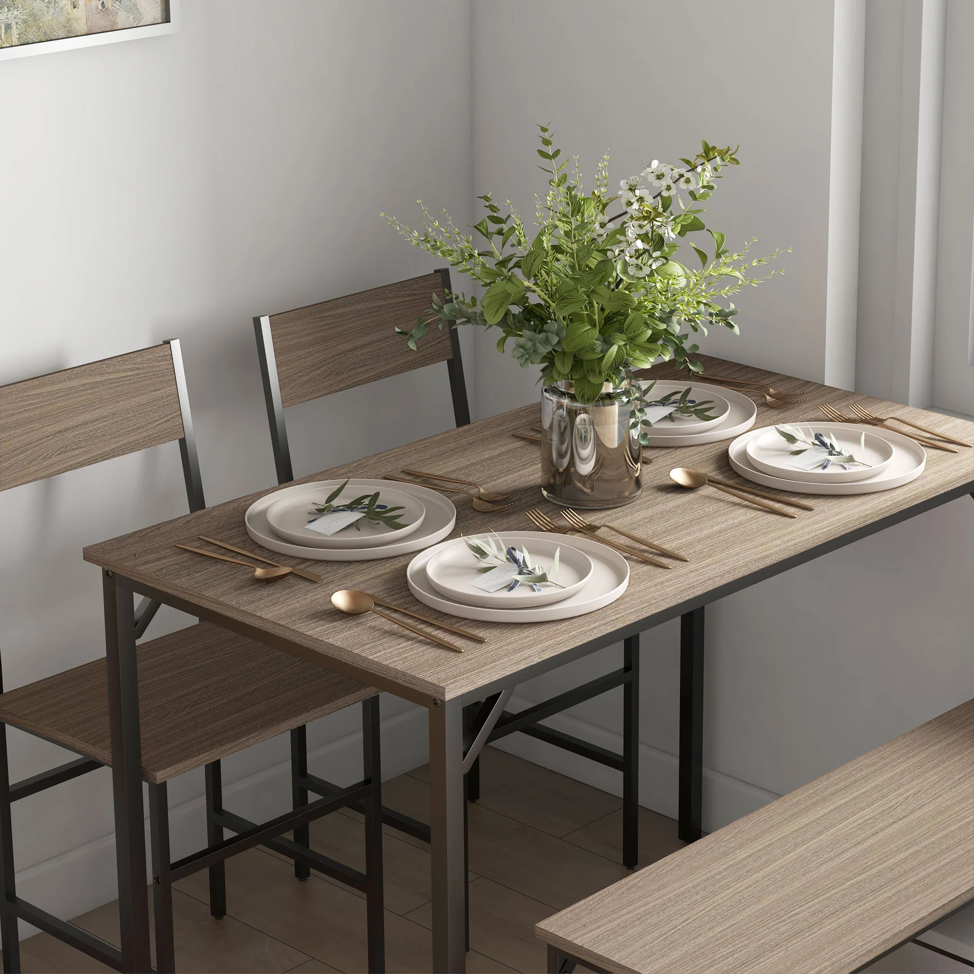HOMCOM Dining Table And Chairs Set Of 4 With 2 Chairs Bench For Kitchen Grey/Natural Wood Finish - Image 8