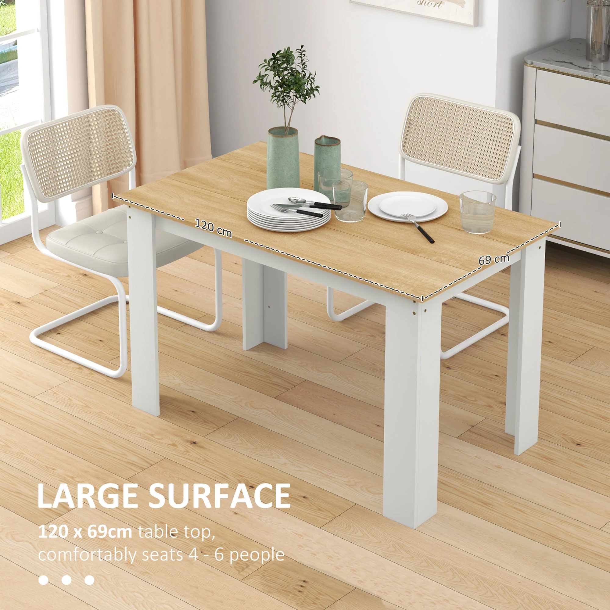 HOMCOM Dining Table For 4-6 People, Wood Effect Tabletop, Oak & White - Image 4