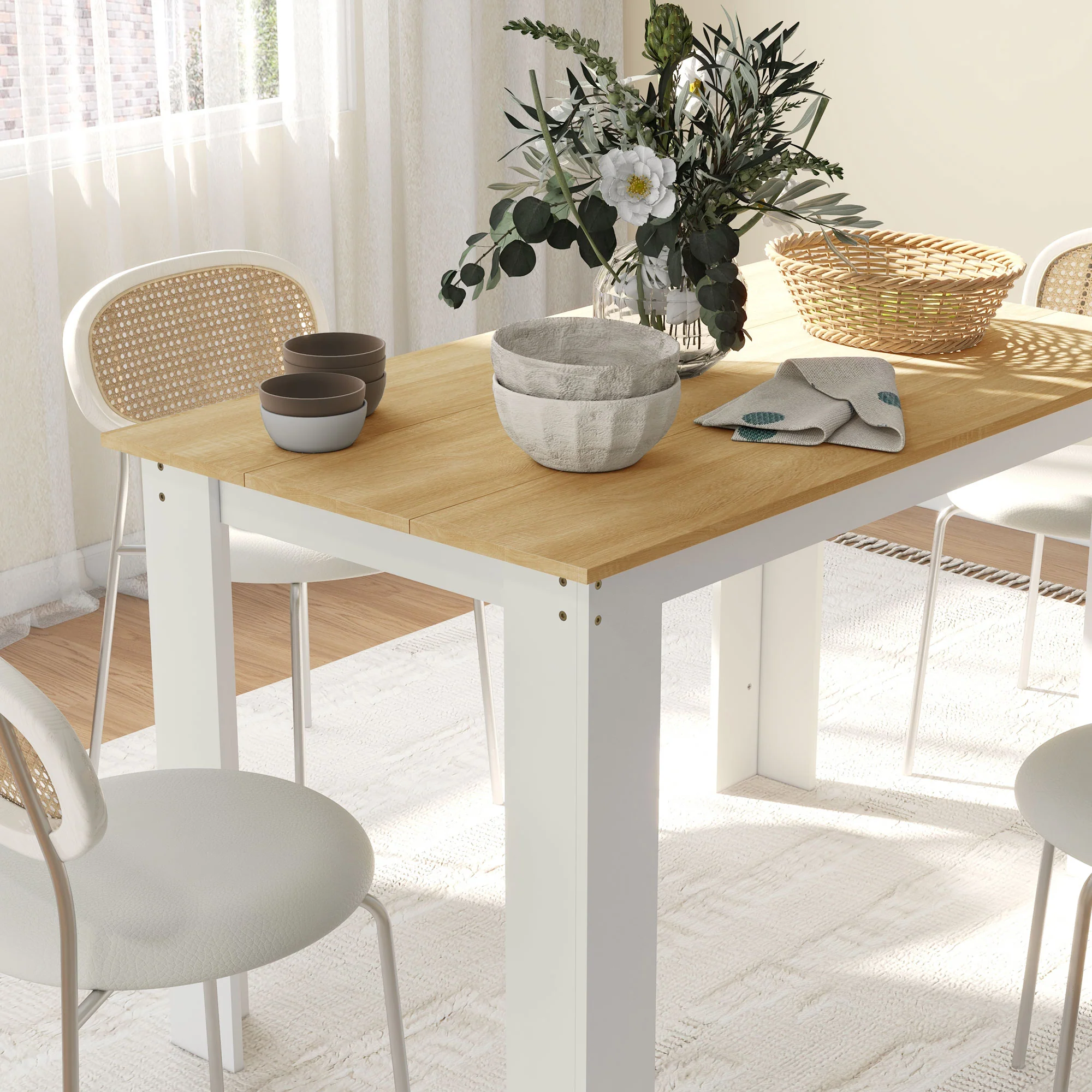 HOMCOM Dining Table For 4-6 People, Wood Effect Tabletop, Oak & White - Image 8