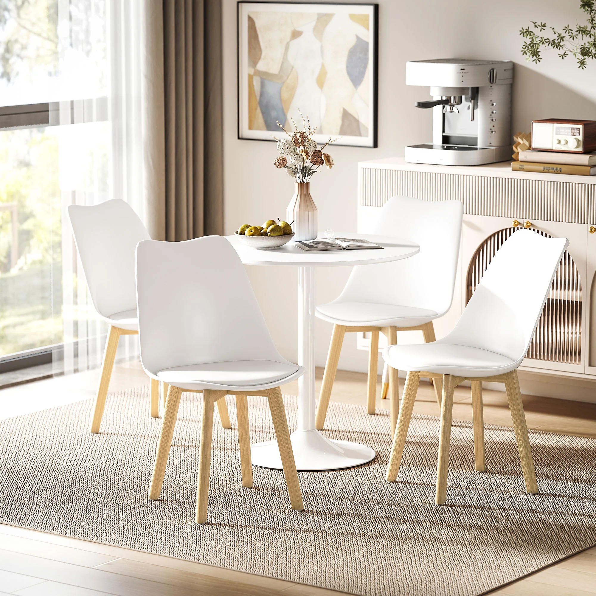 HOMCOM Dining Table Set with 4 PU Padded Chairs, Solid Wood Legs, White - Image 2