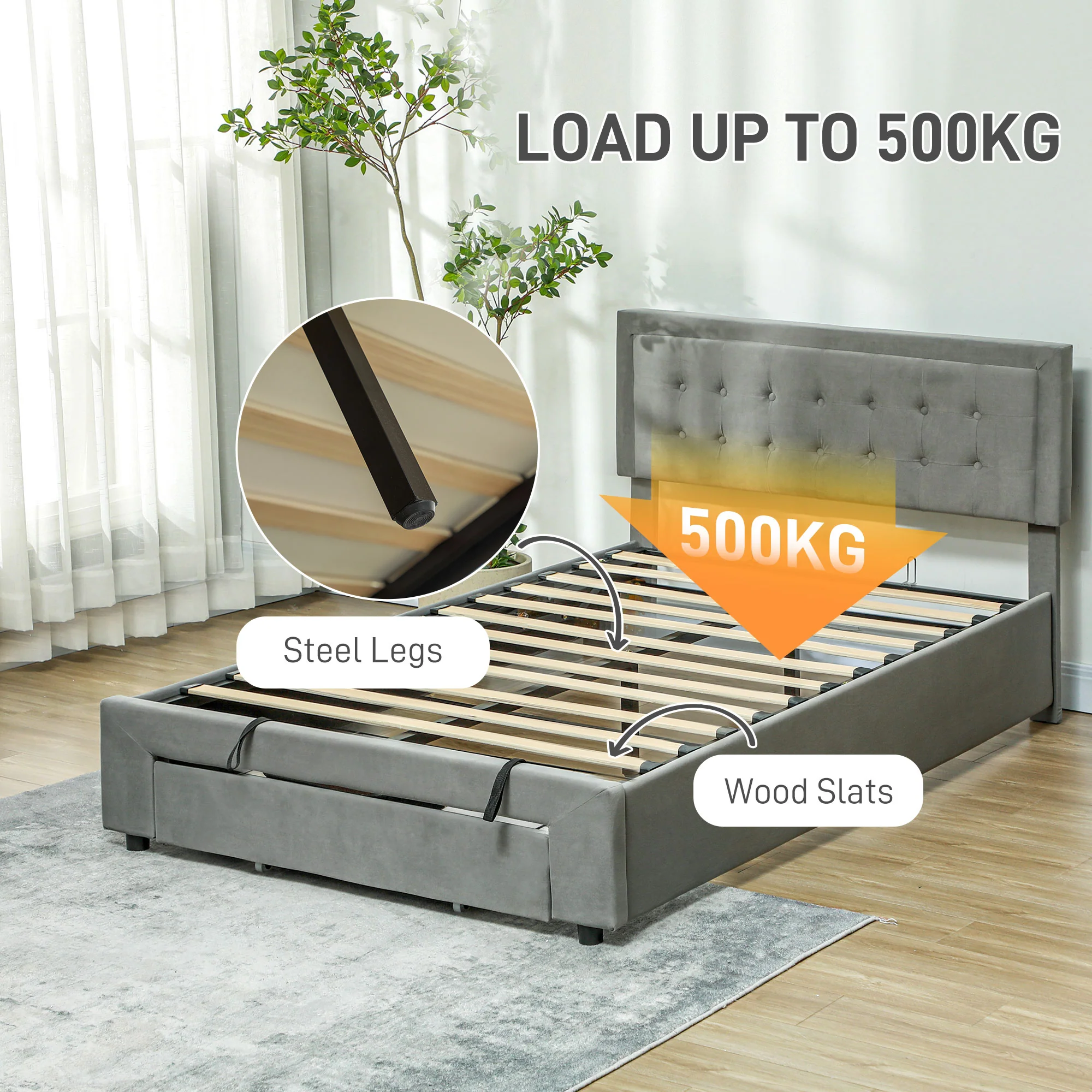 HOMCOM Double Bed Frame With Storage And Adjustable Velvet Headboard - Image 6