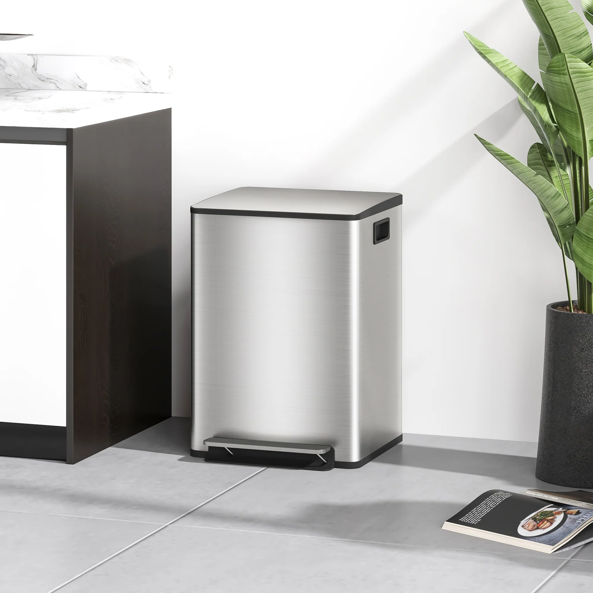 HOMCOM Double Kitchen Bin, Pedal Bin with Soft-Close Lid, Silver Tone - Image 2