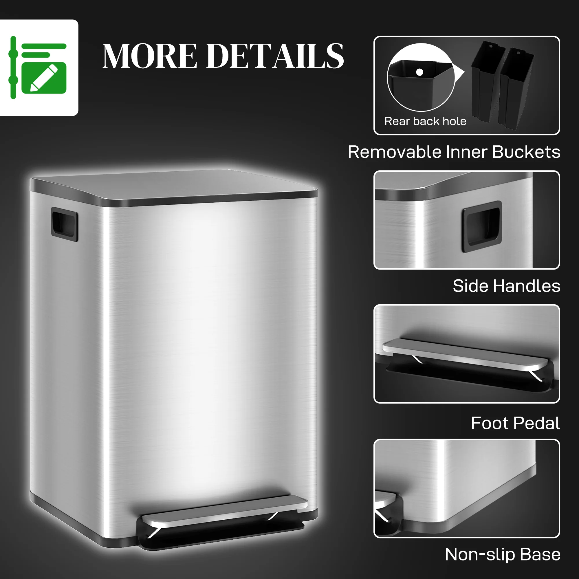 HOMCOM Double Kitchen Bin, Pedal Bin with Soft-Close Lid, Silver Tone - Image 7