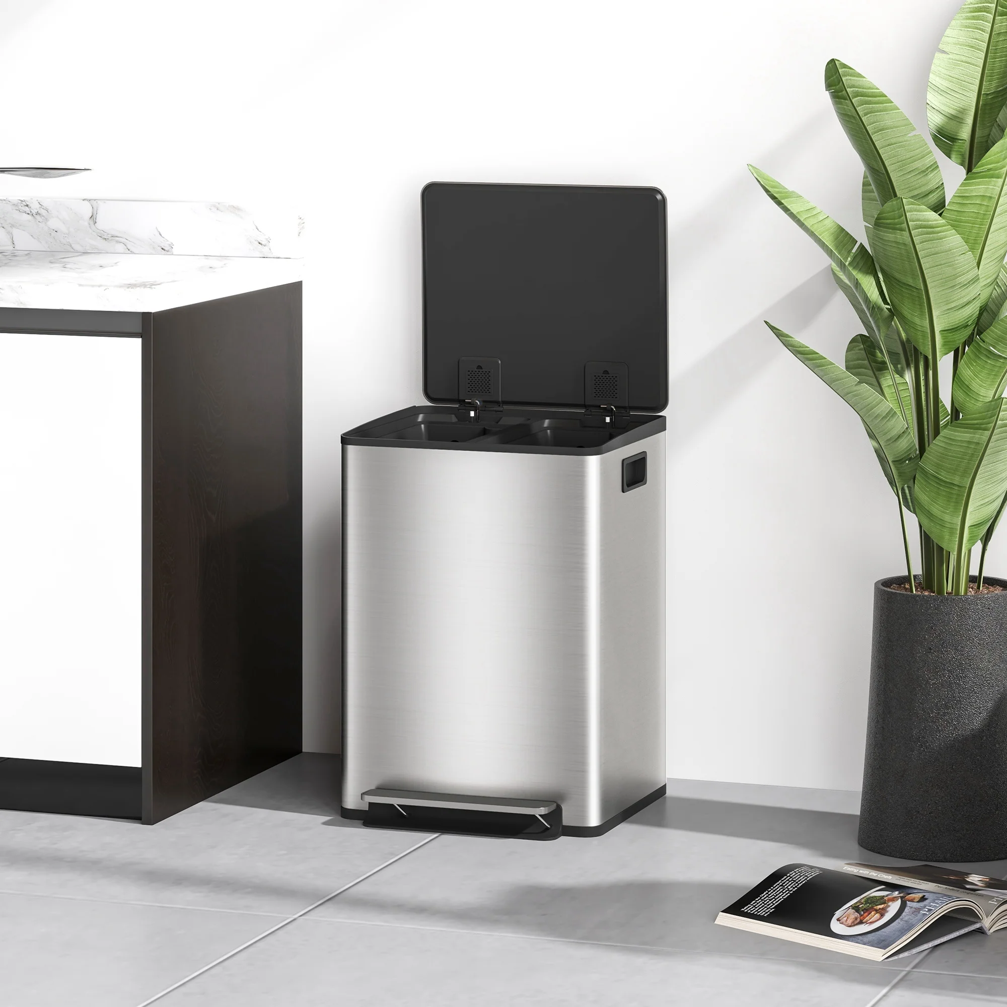 HOMCOM Double Kitchen Bin, Pedal Bin with Soft-Close Lid, Silver Tone - Image 8