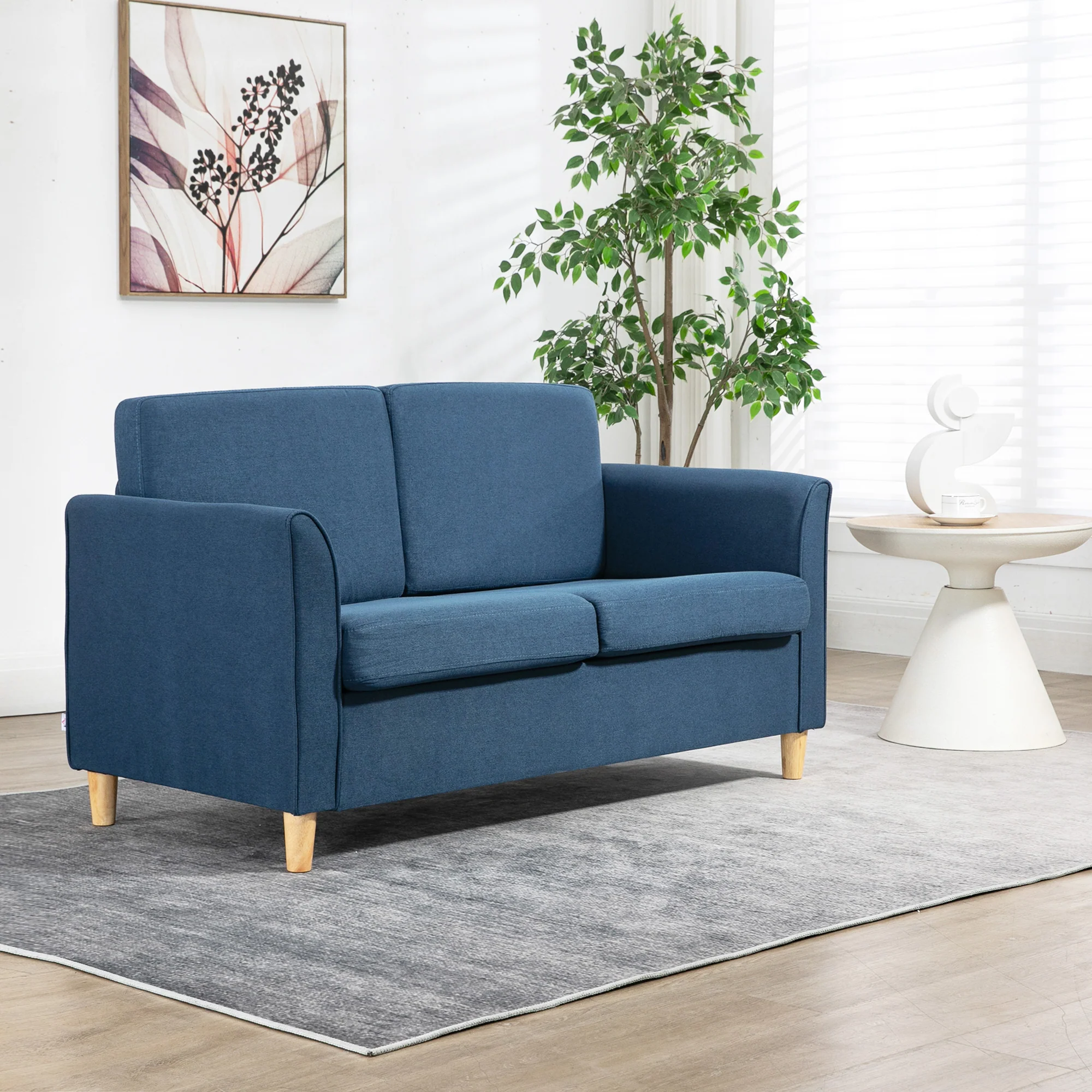 HOMCOM Double Seat Sofa Linen Upholstery Loveseat Couch w/ Armrests, Blue - Image 2