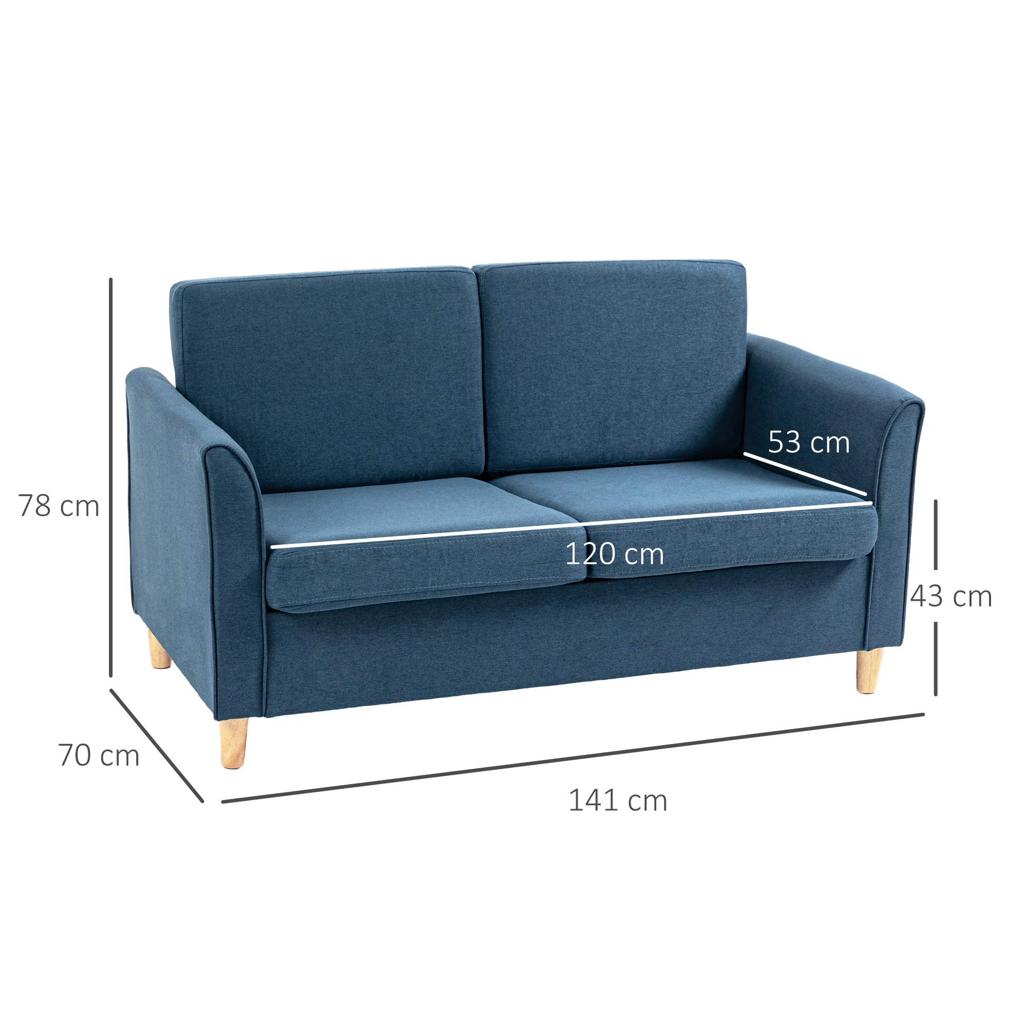 HOMCOM Double Seat Sofa Linen Upholstery Loveseat Couch w/ Armrests, Blue - Image 5