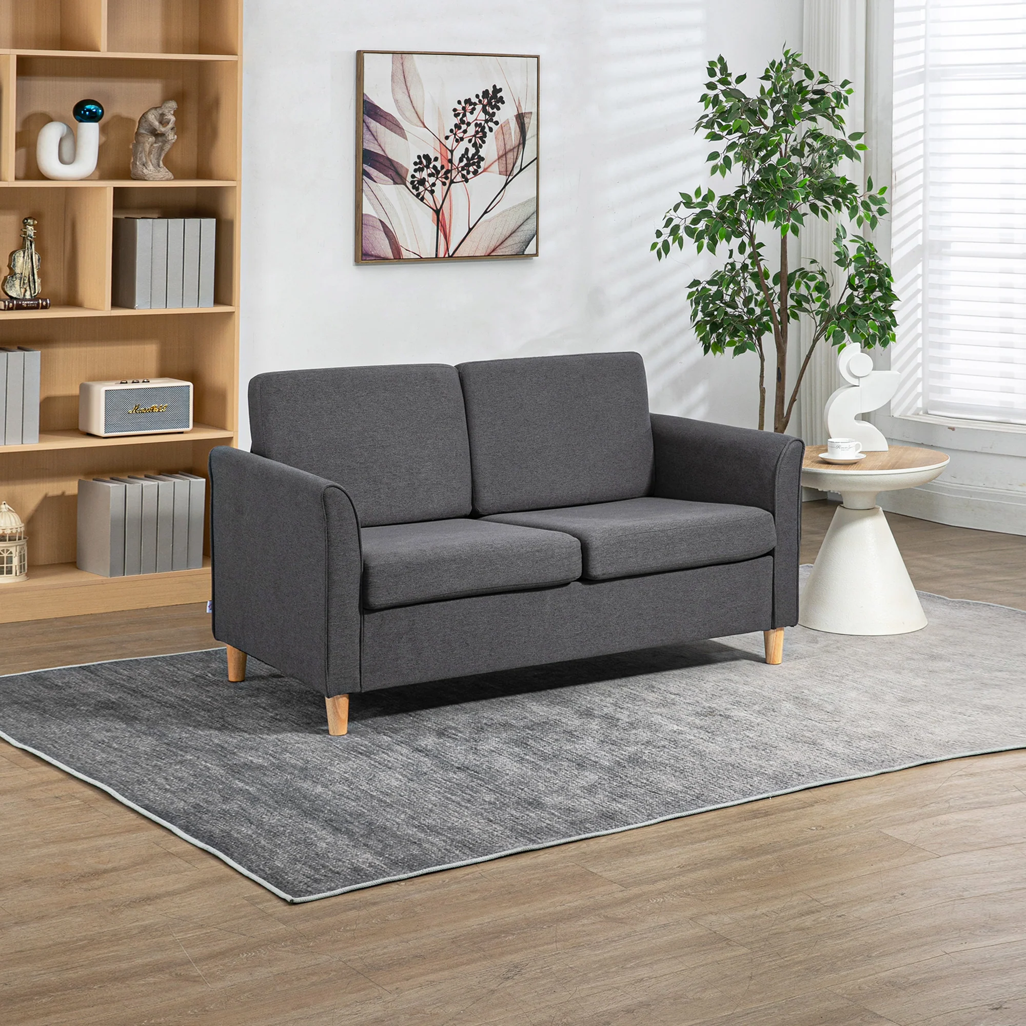HOMCOM Double Seat Sofa Linen Upholstery Loveseat Couch w/ Armrests, Dark Grey - Image 2