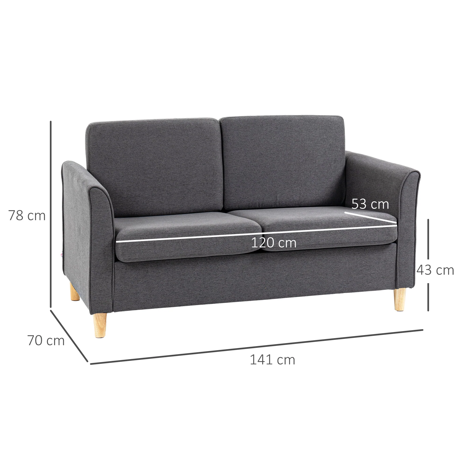 HOMCOM Double Seat Sofa Linen Upholstery Loveseat Couch w/ Armrests, Dark Grey - Image 5