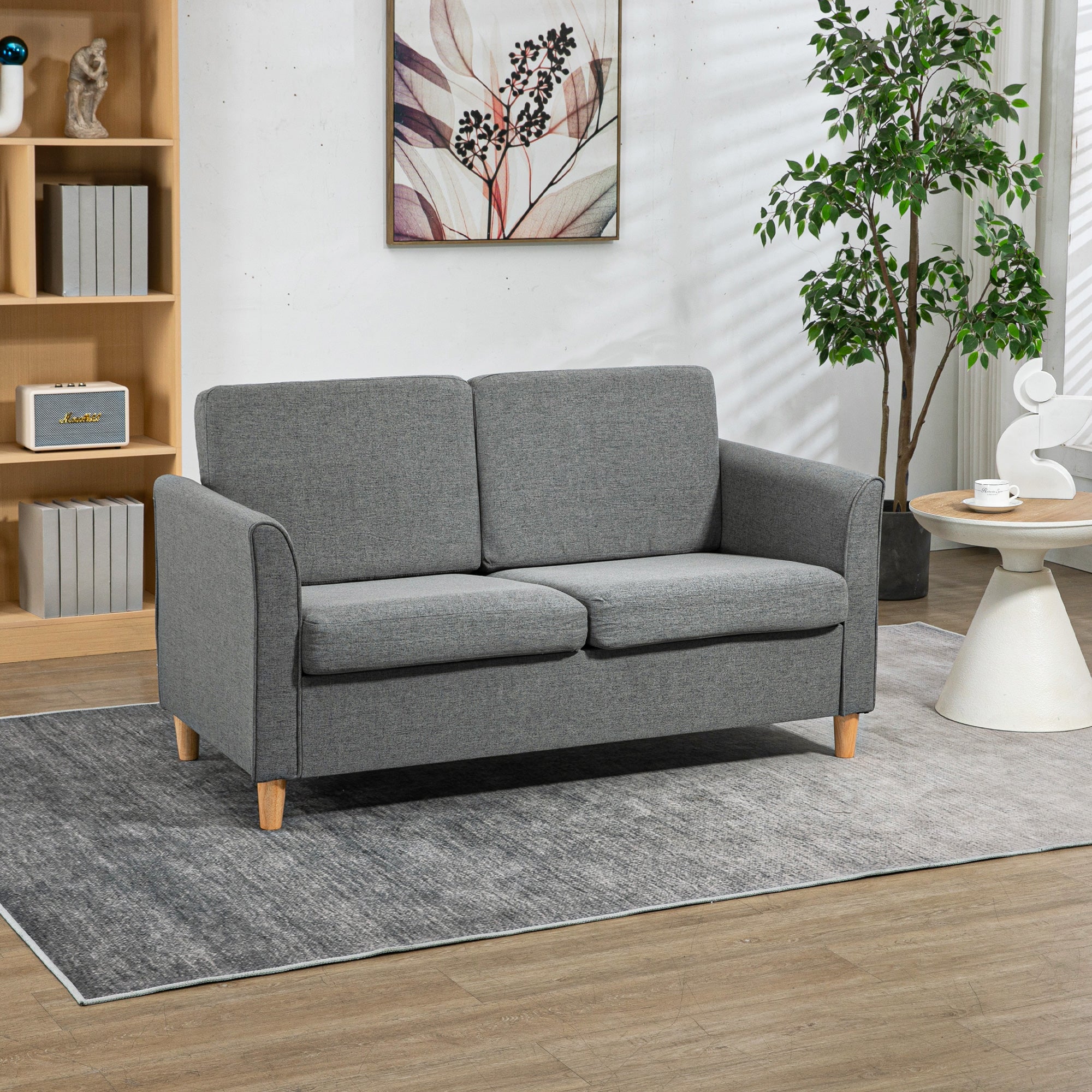 HOMCOM Double Seat Sofa Linen Upholstery Loveseat Couch w/ Armrests, Grey - Image 2
