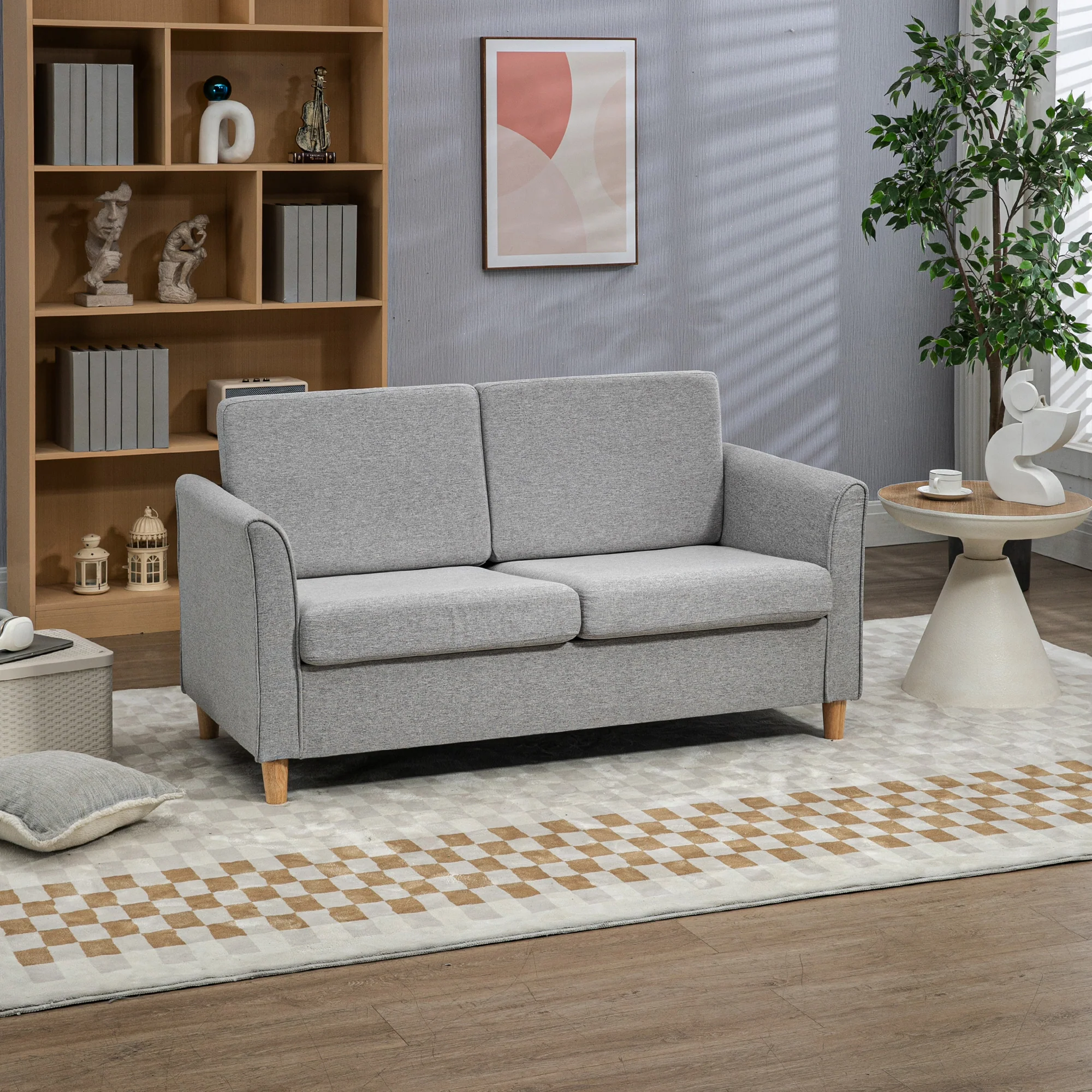 HOMCOM Double Seat Sofa Linen Upholstery Loveseat Couch w/ Armrests, Light Grey - Image 2